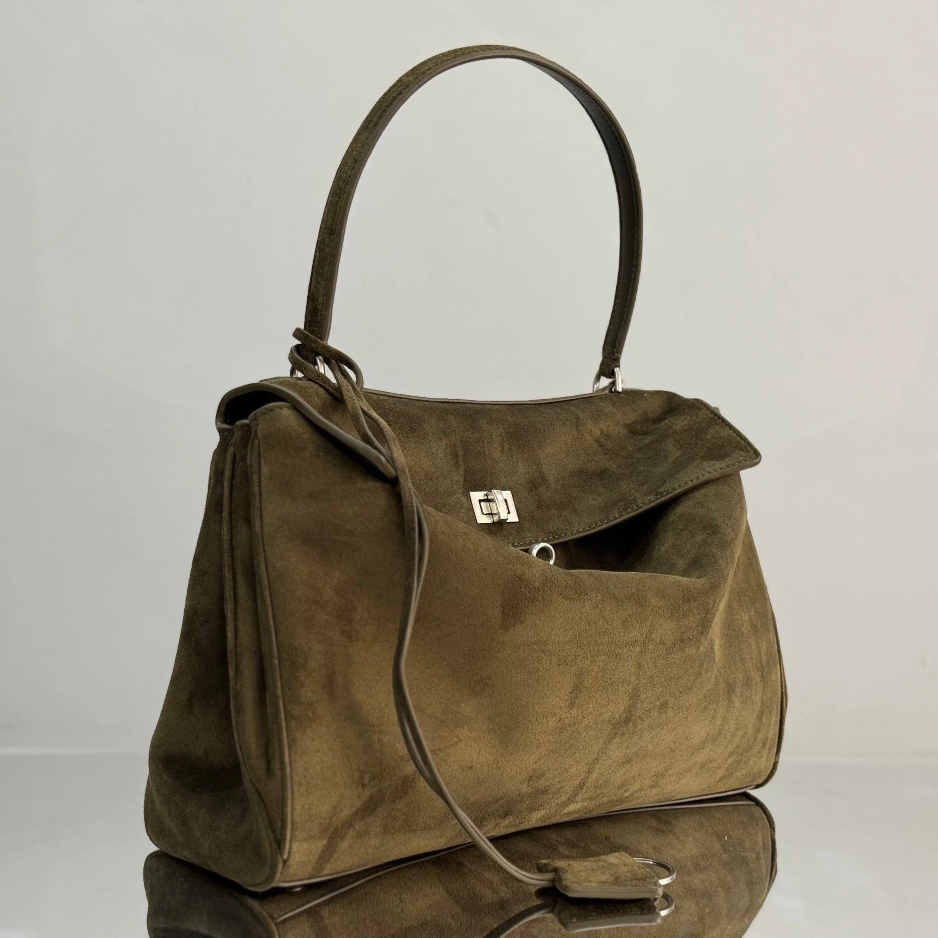 Balenciaga Medium Bag 35 Olive Green Suede Sliver Hardware