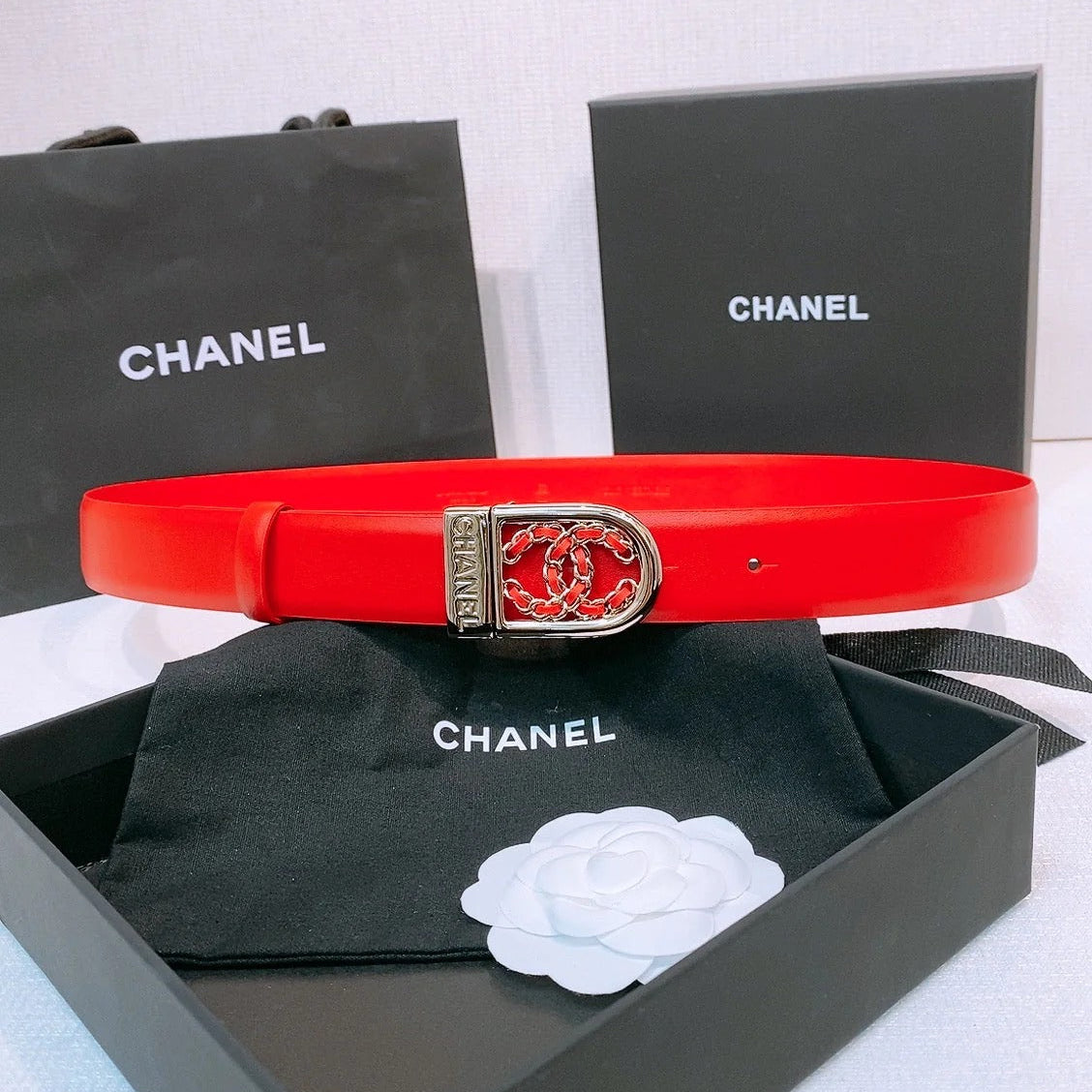 CC Women's Belt 3.0CM Red Calfskin Sliver Black Buckle 572530