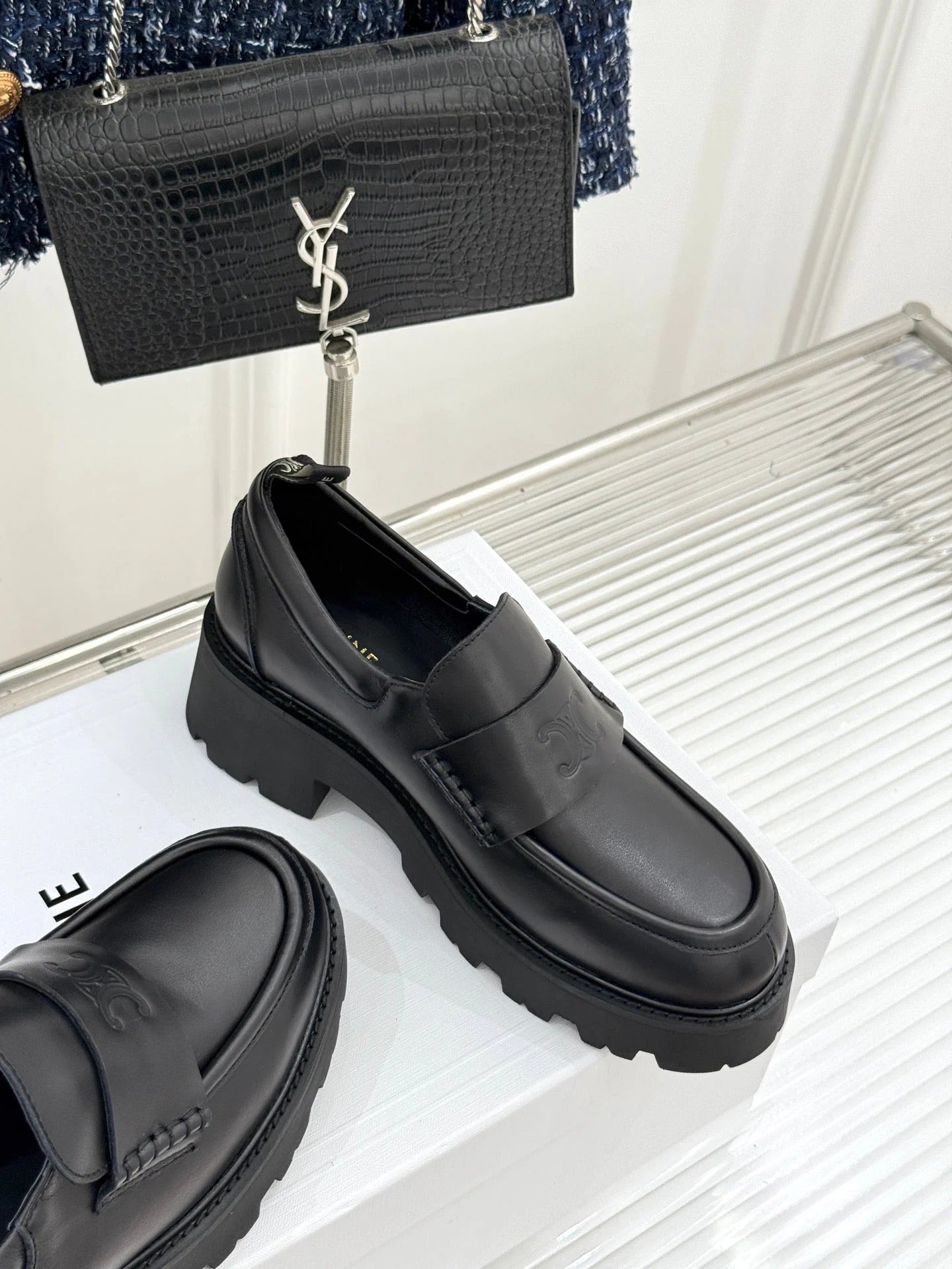 Celine 2026 Arc de Triomphe Platform Loafers Black Sheepskin 474608
