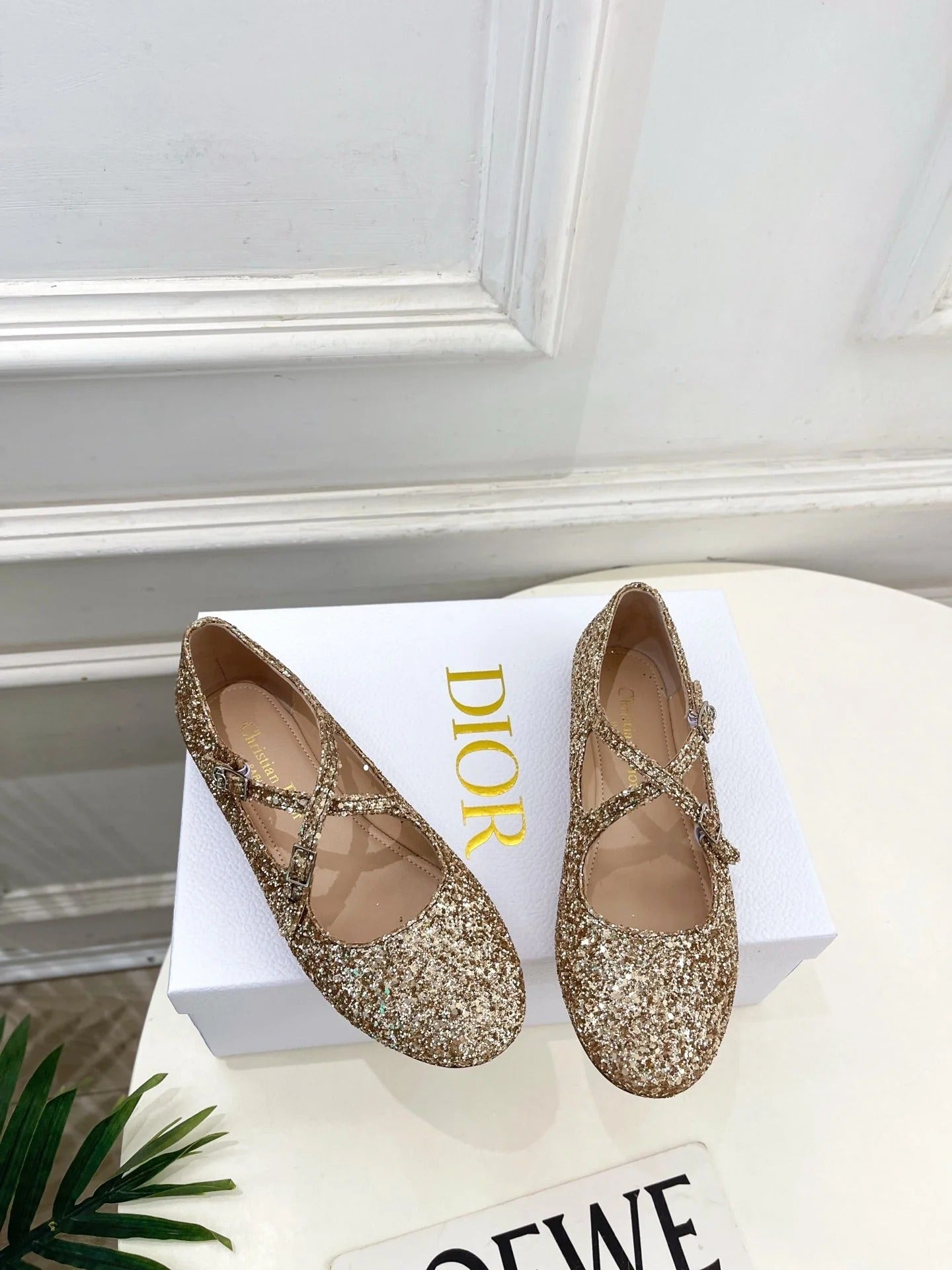 Dior 2026 Cross-Strap Ballet Flats Gold Glitter Leather 966828