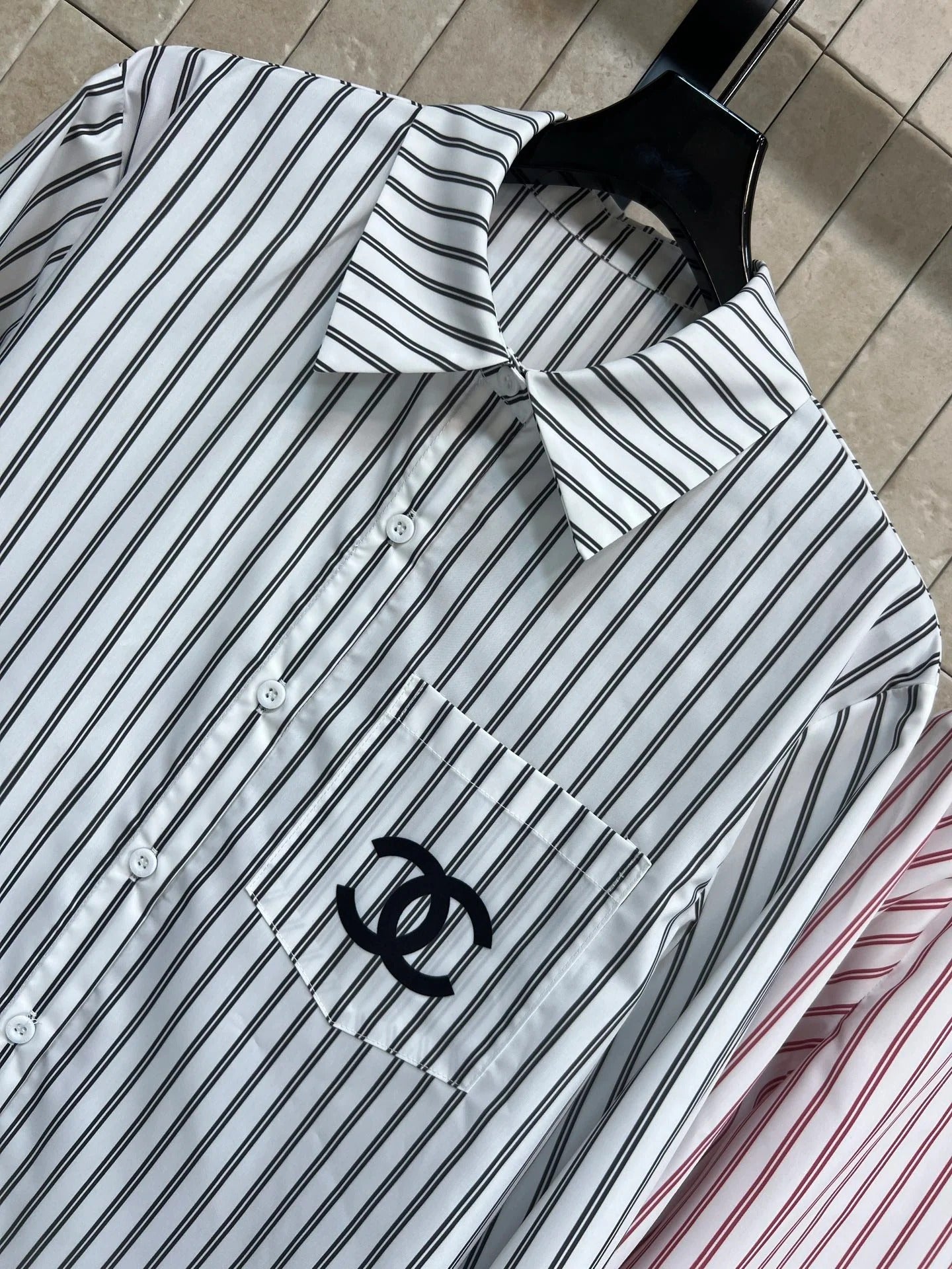 Chanel 2026 Logo Embroidered Striped Shirt Pink and Black Cotton 355062