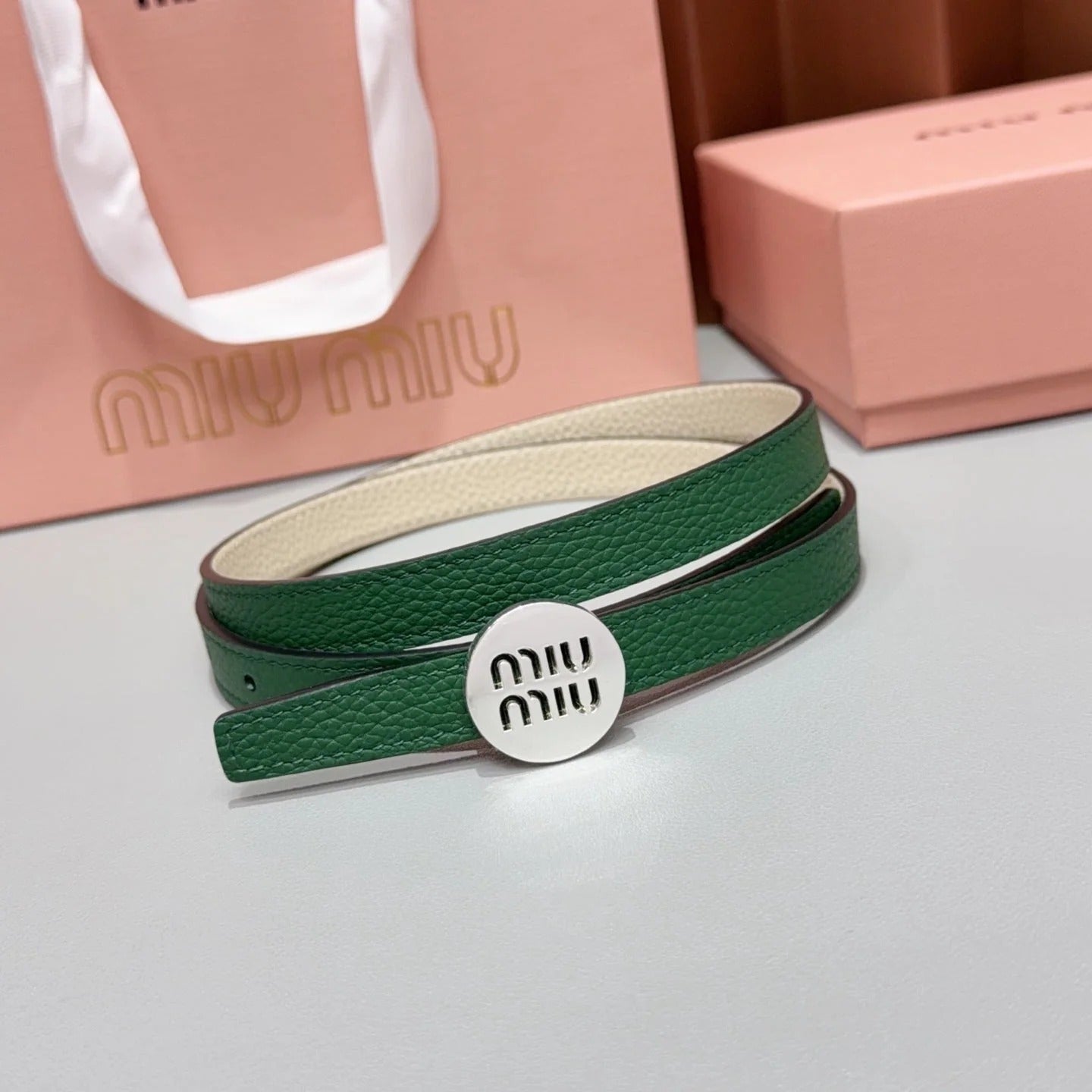Miumiu 2026 Round Logo Buckle Belt 15mm Cowhide 215692