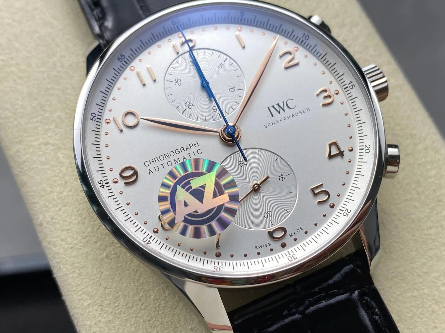 IWC Portuguese 41mm Black Dial Steel Case Pink Gold Numerals Crocodile Leather