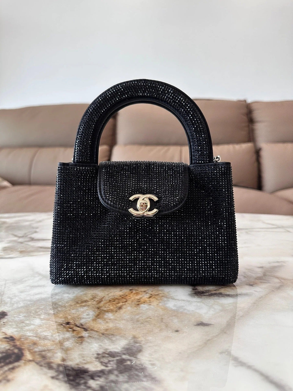 Chanel 2026 Bag 19cm Black And Silver Rhinestones Leather
