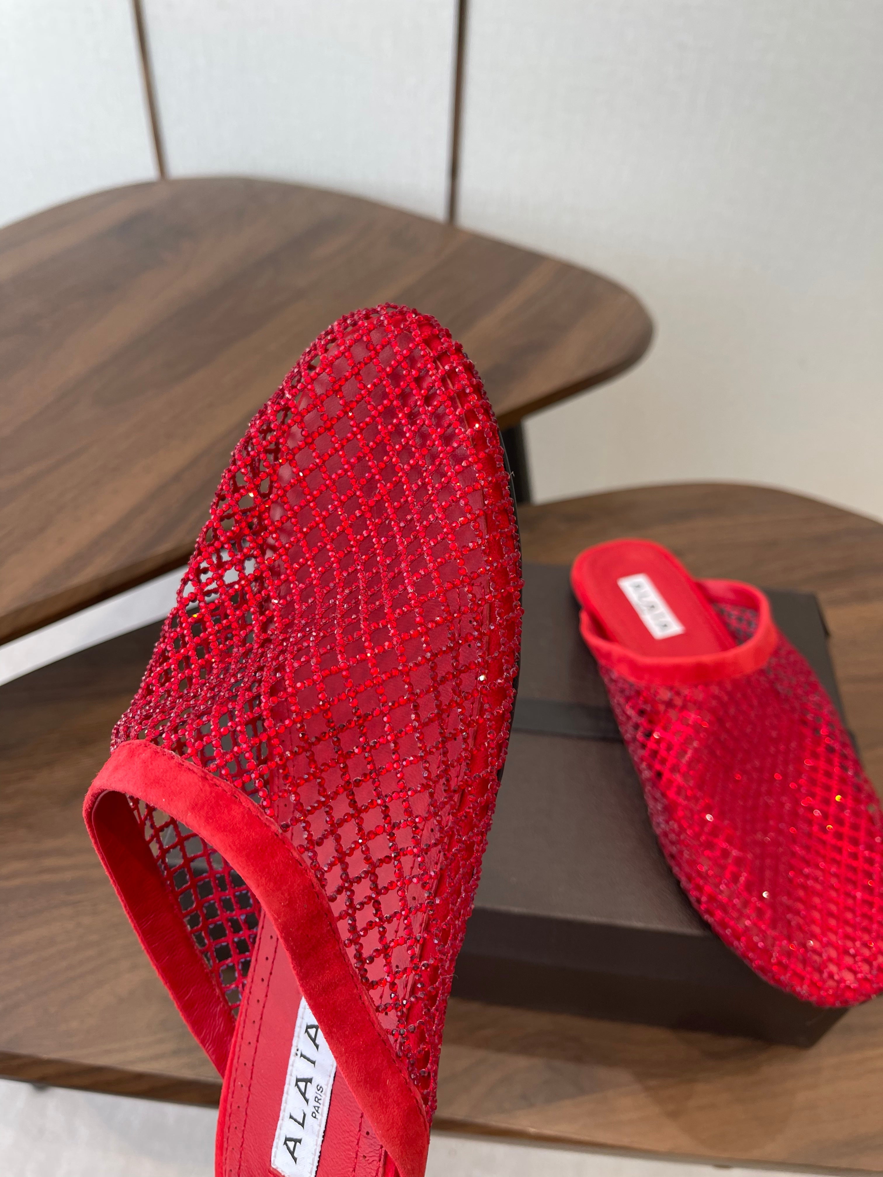 Alaia 26 Half-Slippers Red Mesh Rhinestones 624899