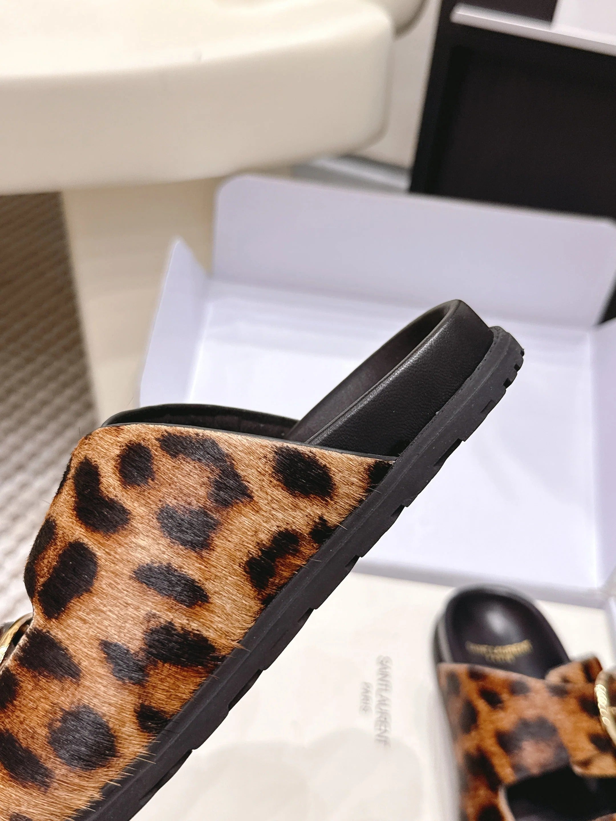 YSL 26ss Platform Slippers Black Leopard Print Leather Gold Buckle 663211