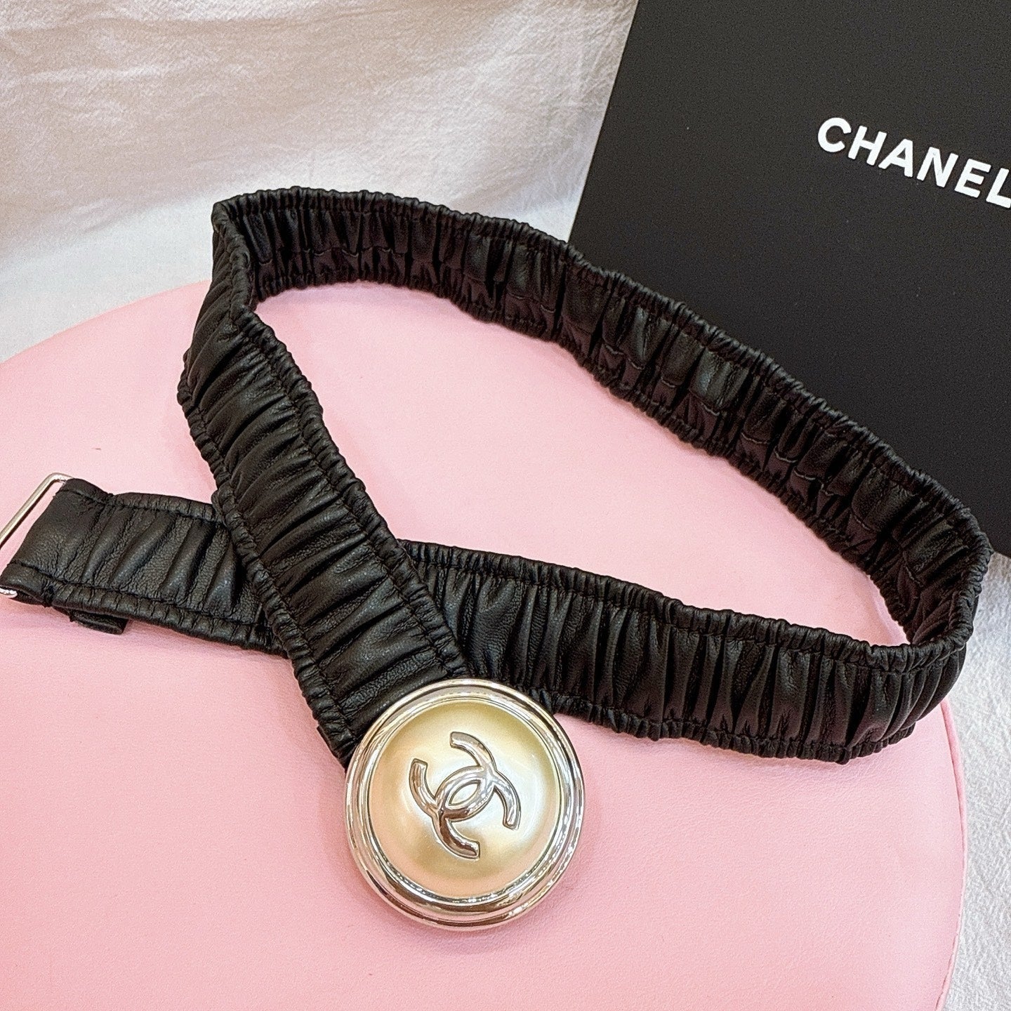 CC Elastic Waist Belt 3.0CM Black Calfskin Gold Buckle 196840