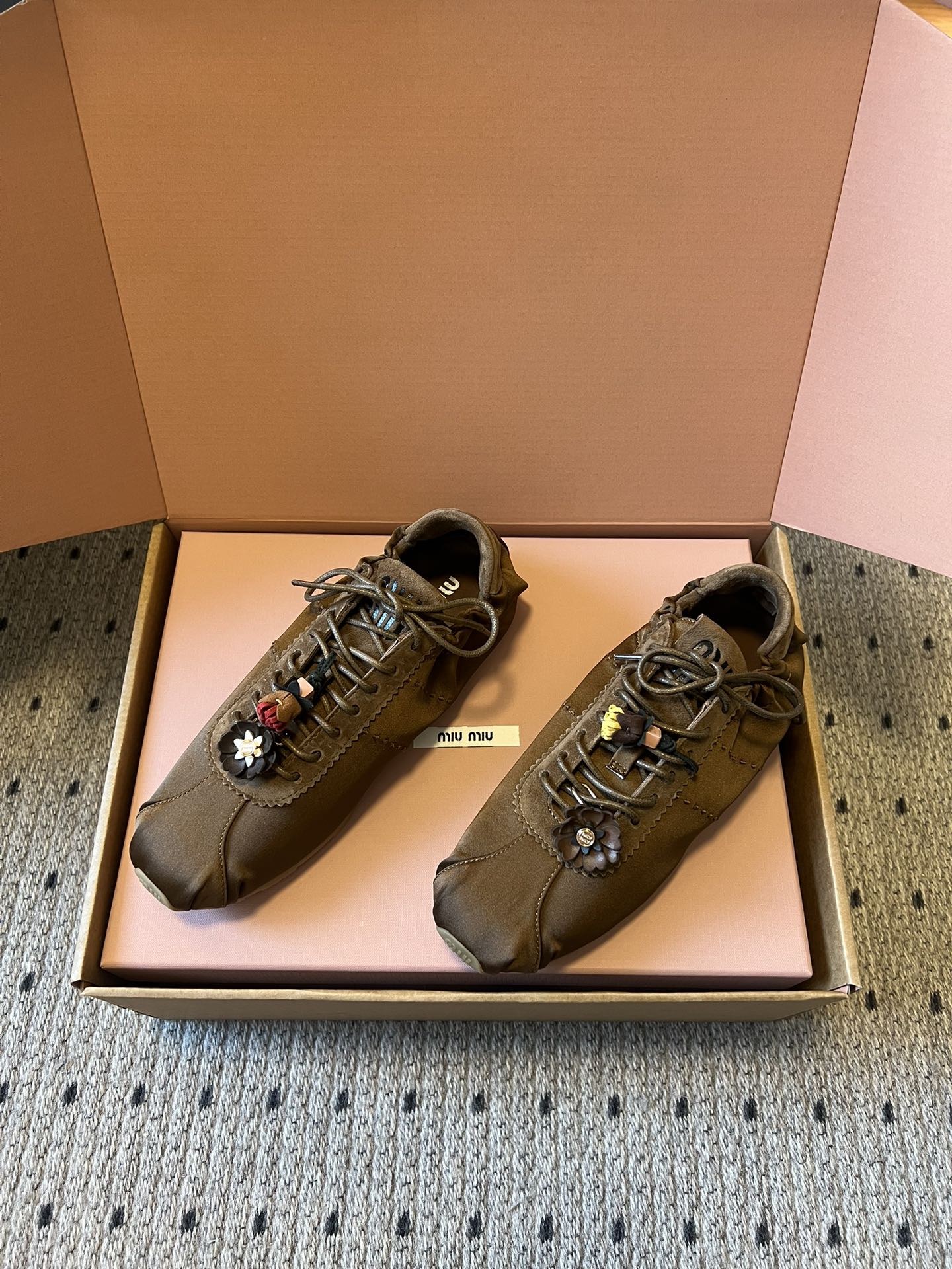 Miu Miu 2026 Plume Sneaker With Floral Charm Brown Satin 621344