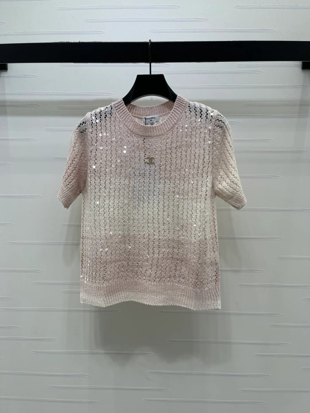 Chanel 2026 Short-sleeve Openwork Knit Sweater Blue and Pink Wool Polyester