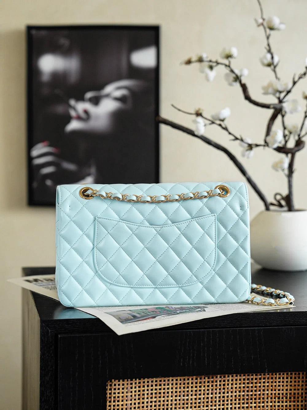 CC 2026 Red Flower Flap Bag 25.5cm Blue Lambskin 367103