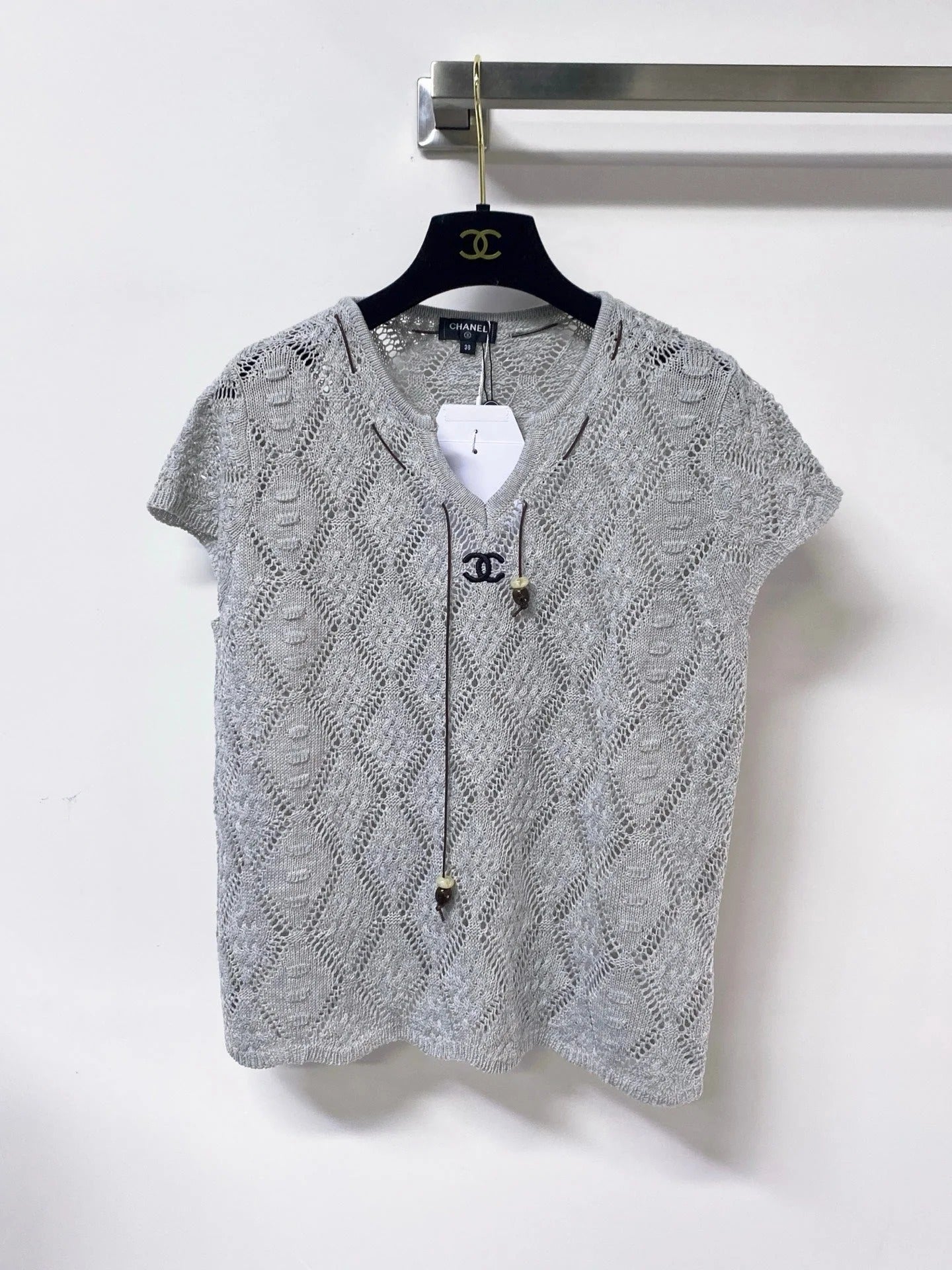 Chanel 2026 Hollow-Out Knit Top Drawstring Laine Wool 479951