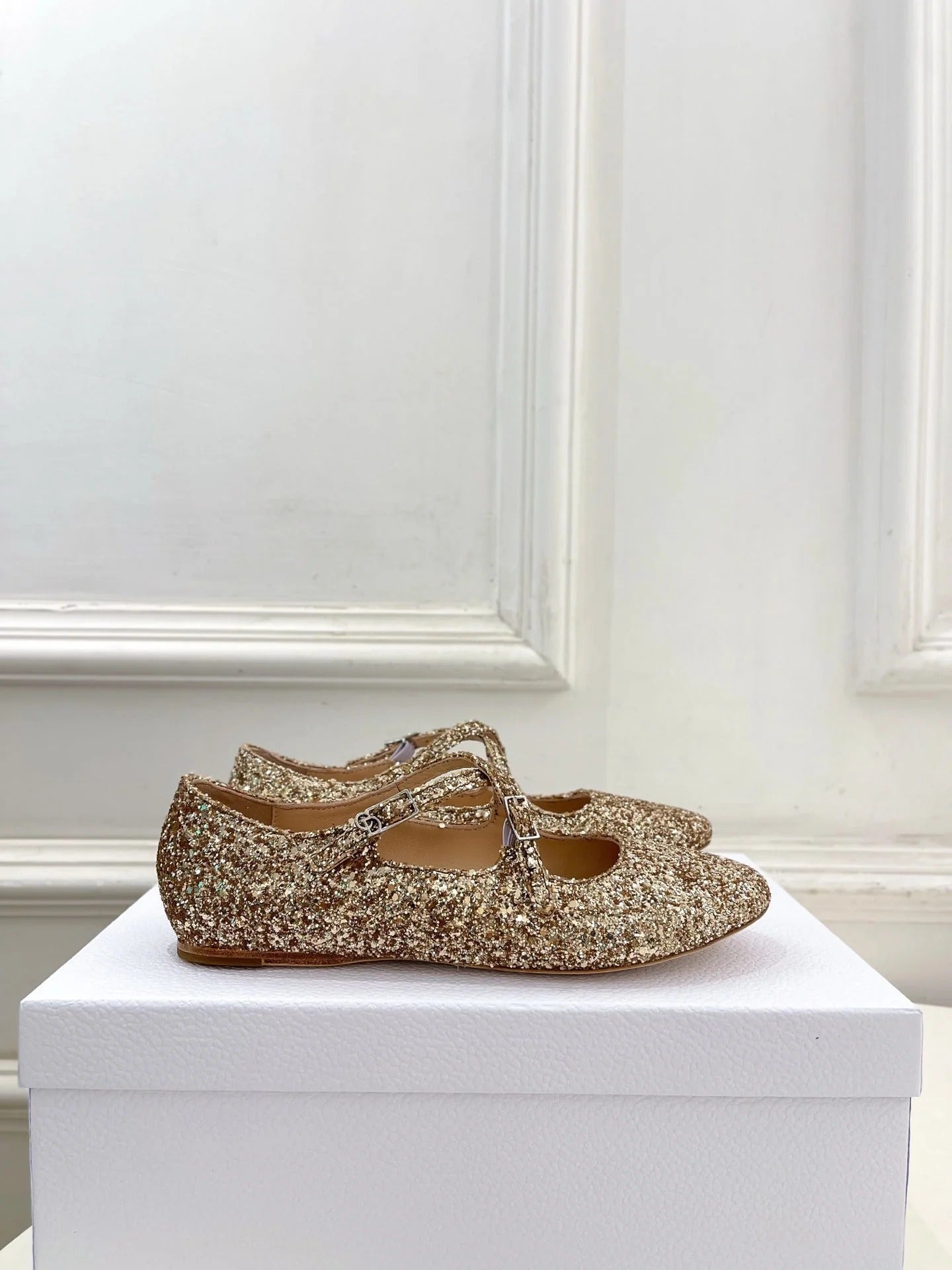 Dior 2026 Cross-Strap Ballet Flats Gold Glitter Leather 966828