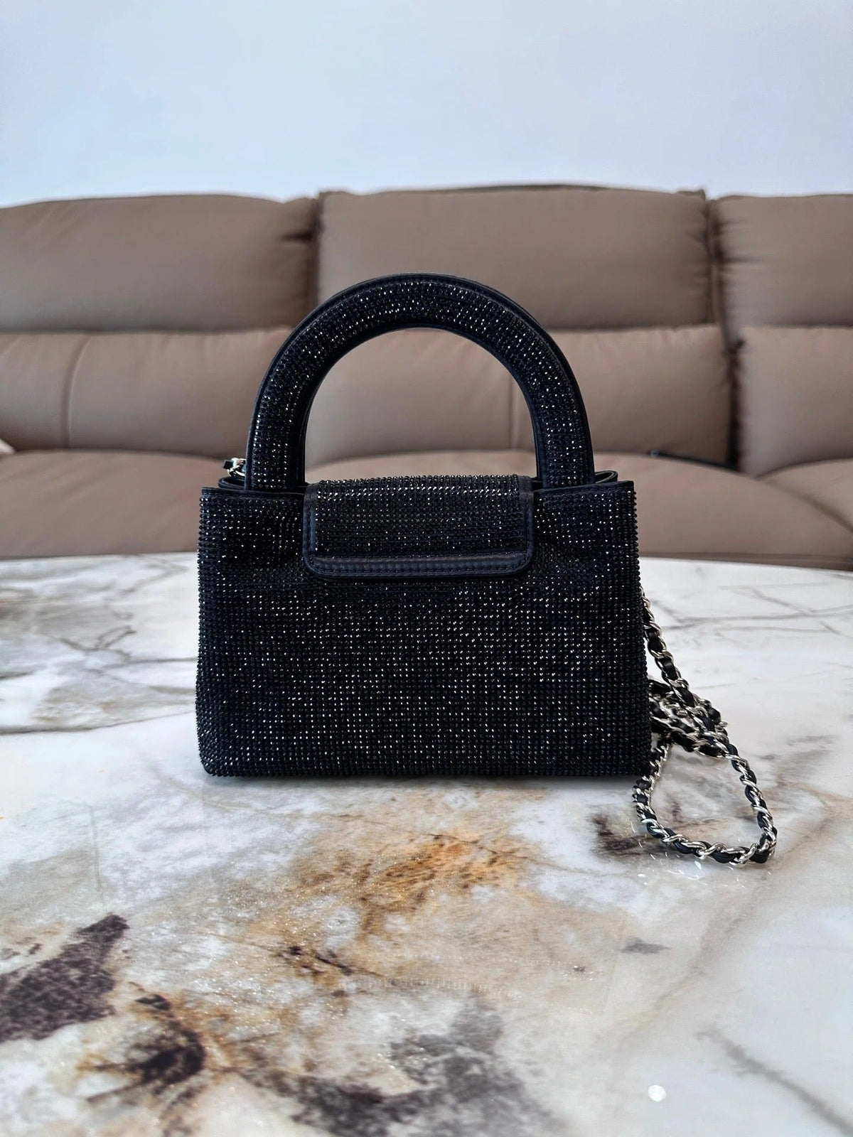 Chanel 2026 Bag 19cm Black And Silver Rhinestones Leather