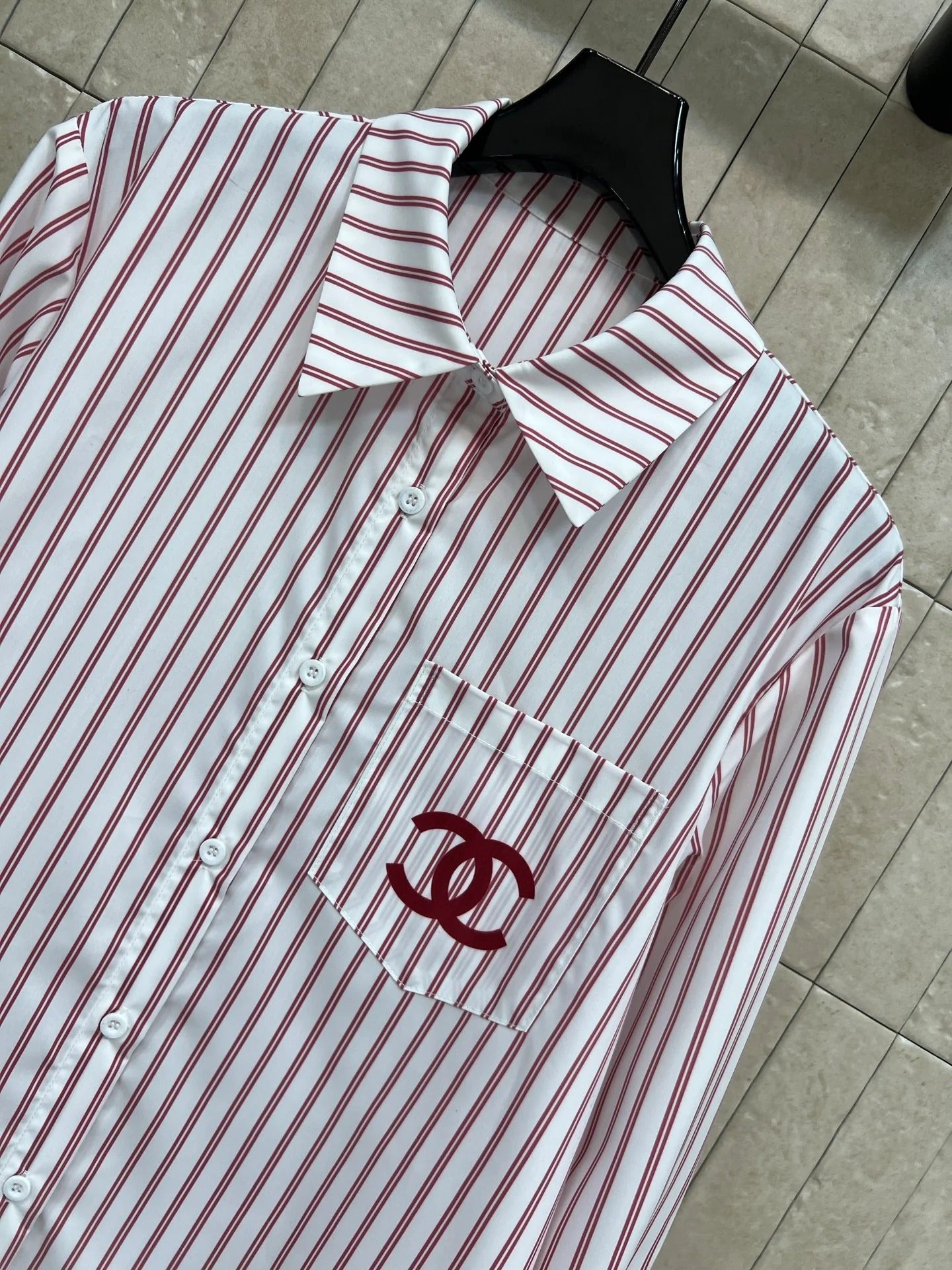 Chanel 2026 Logo Embroidered Striped Shirt Pink and Black Cotton 355062