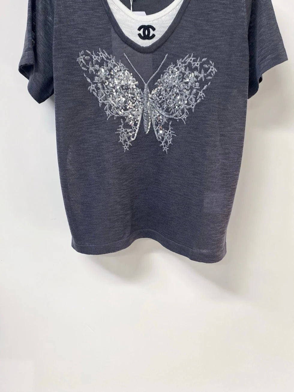 Chanel 2026 Navy Short-Sleeved Shirt Butterfly Graphic Wool 358851