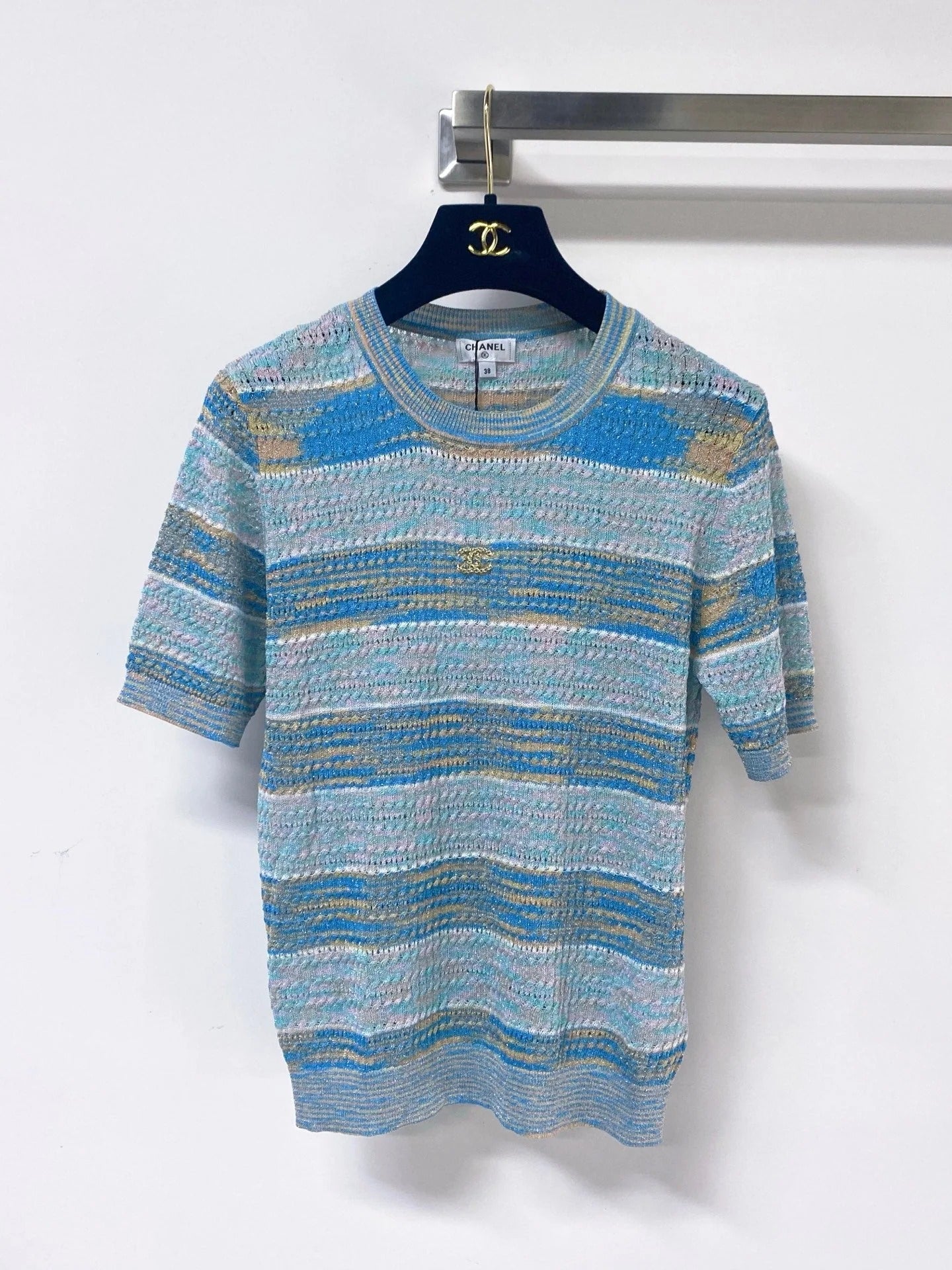 Chanel 2026 Striped Knit Short-Sleeve Sweater Wool 435128