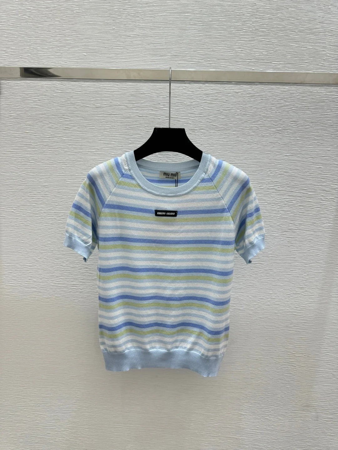 Miumiu 2026 Striped Crew Neck Knit Short-Sleeve T-Shirt Pink Blue Wool 397726