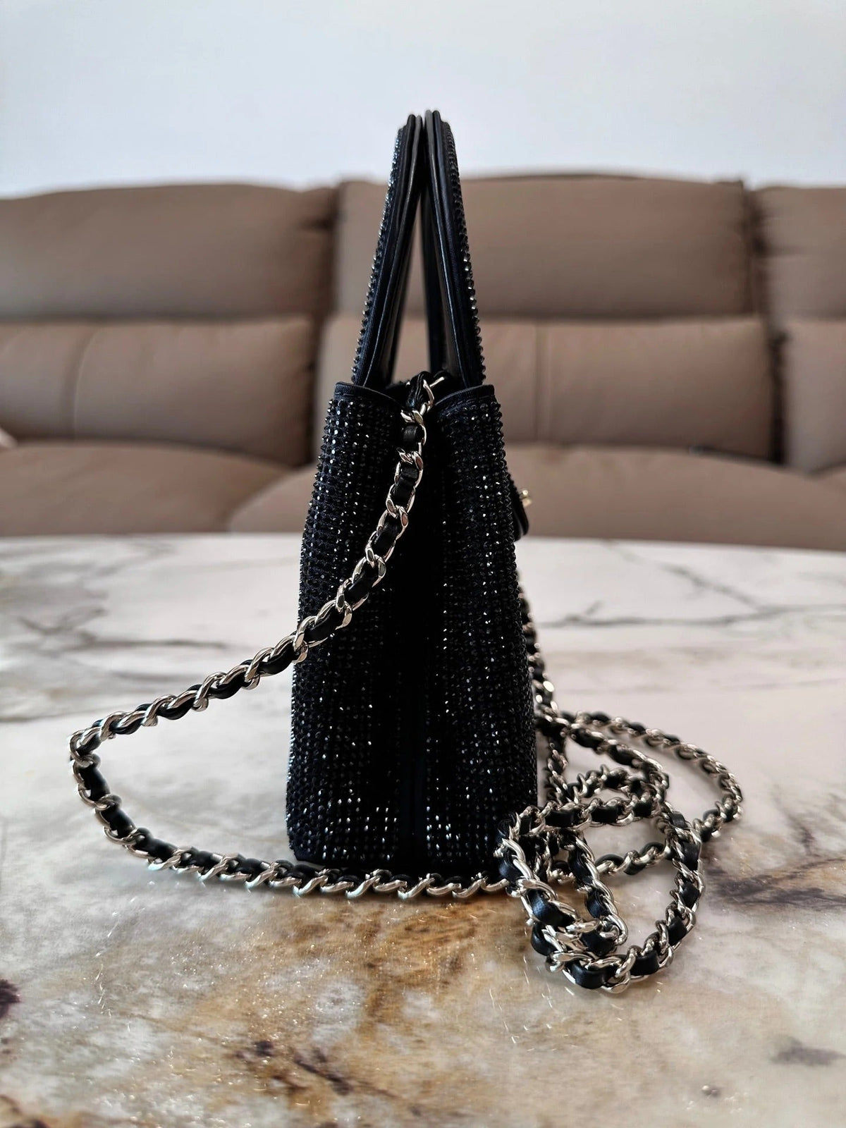 Chanel 2026 Bag 19cm Black And Silver Rhinestones Leather