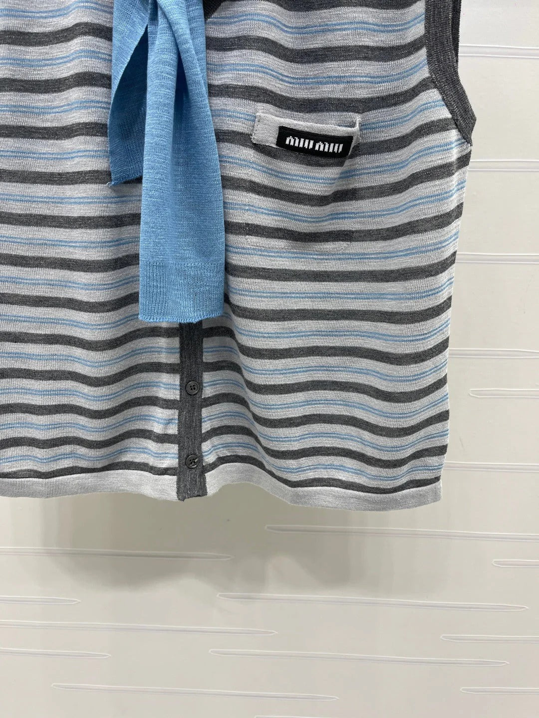 Miumiu 2026 V-neck Striped Knit Vest Blue Grey Wool 397412