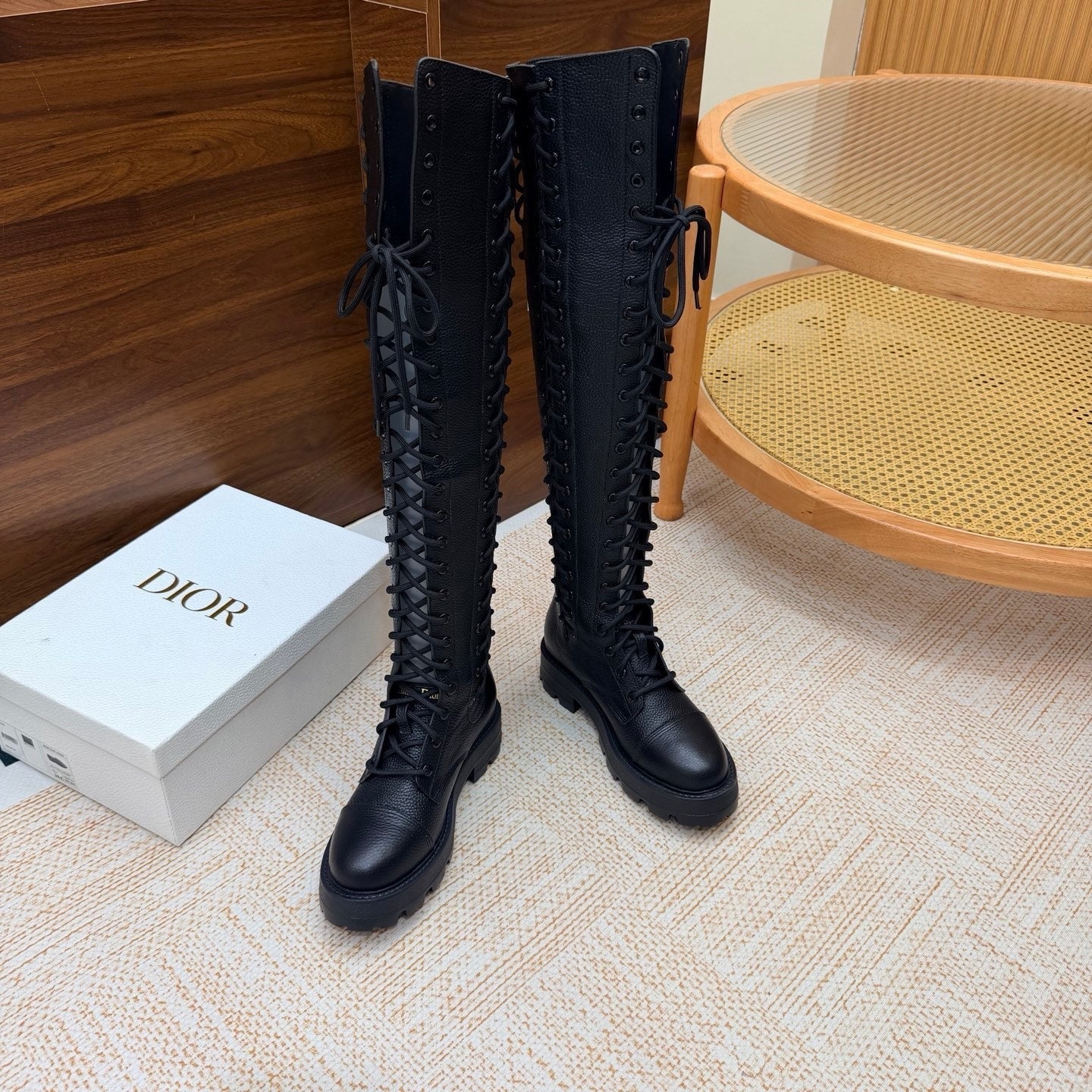 Dior 2026 Diorebel Knee-High Combat Boots Black Cowhide 973977