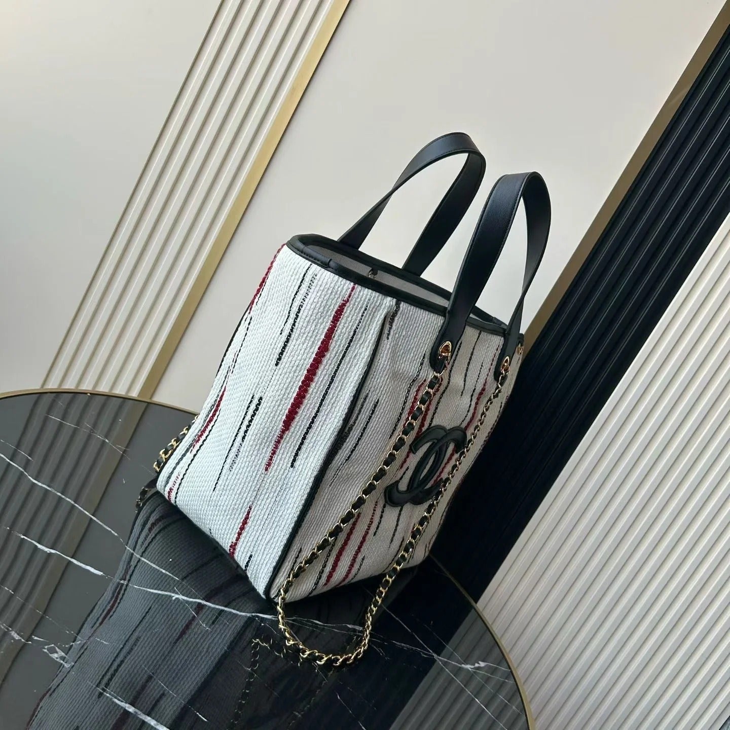 Chanel 2026 Double C Tote Bag 36cm Black White Canvas Leather