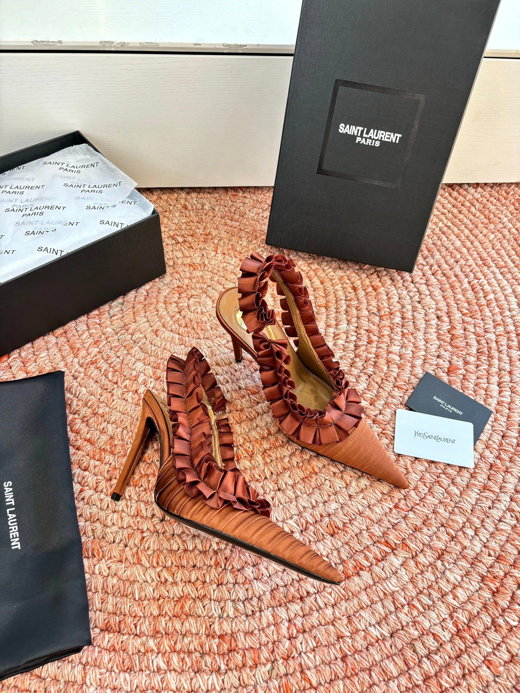 YSL 26ss Slingback Camel Brown Silk Leather 648841