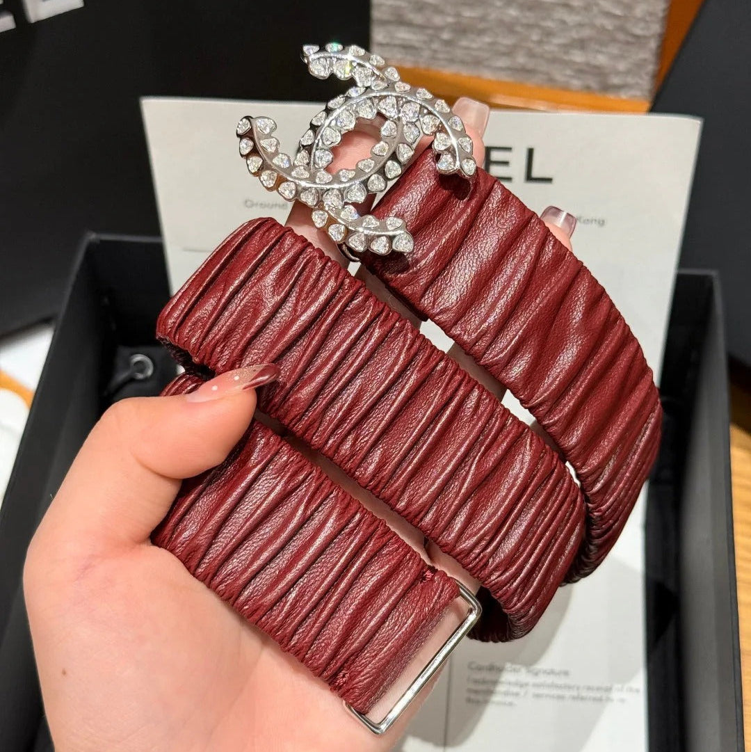 CC Elastic Waist Belt 3.0CM Red Brown Leather Sliver Diamond Buckle 195947