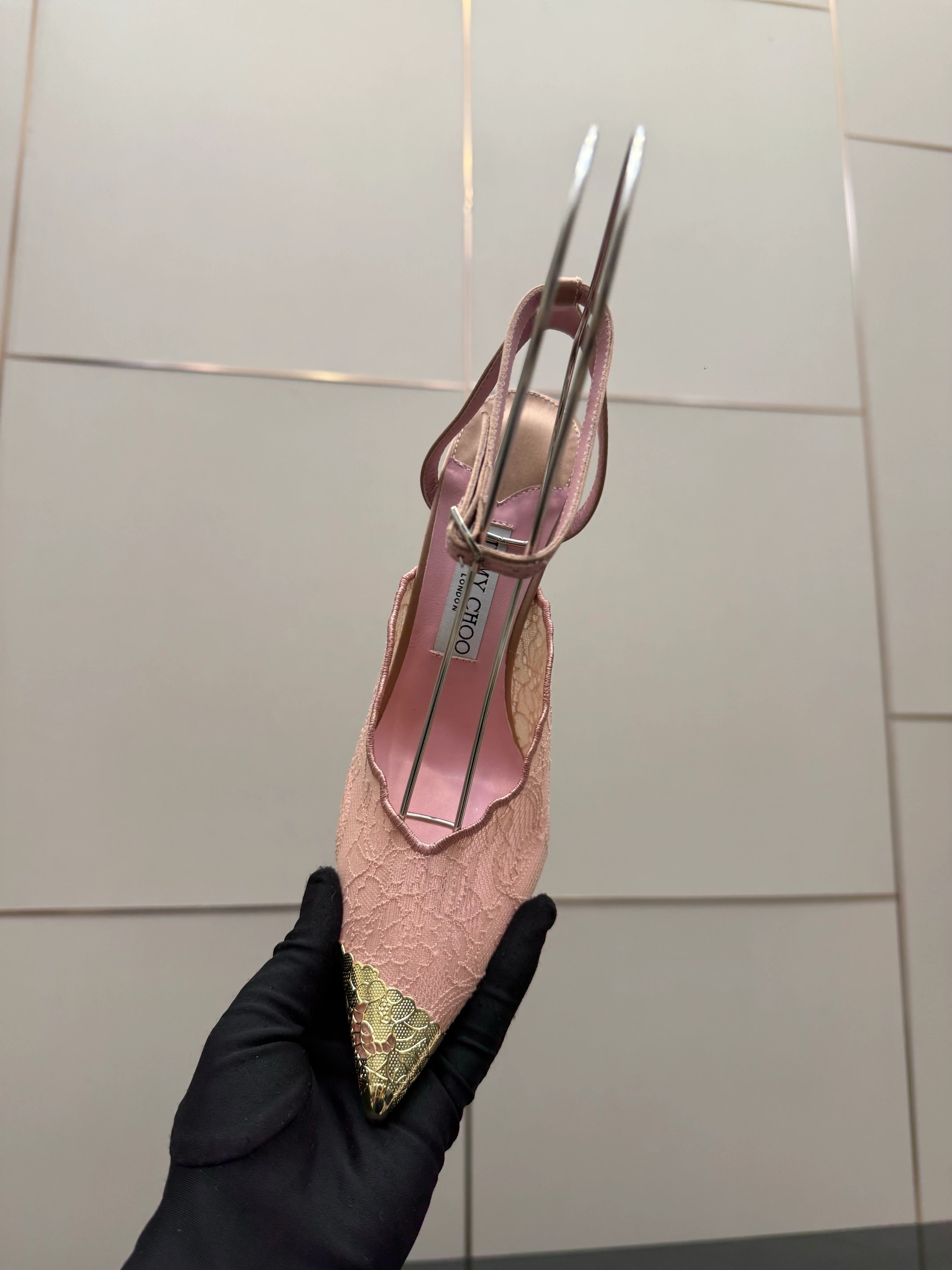 Jimmy Choo 2026 Faiz 100 Pump Pink Gold Lace Metallic 629905