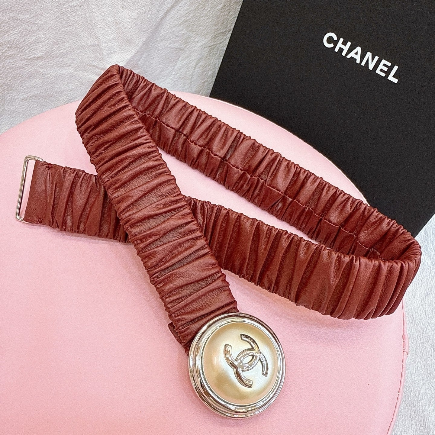CC Elastic Waist Belt 3.0CM Red Calfskin Gold Buckle 196838