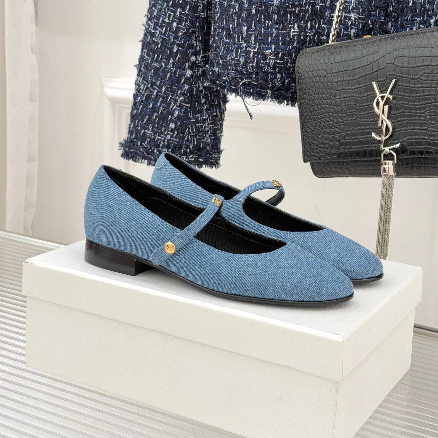 Celine 26 Mary-Jane Ballet Flats Fabric Leather 755871