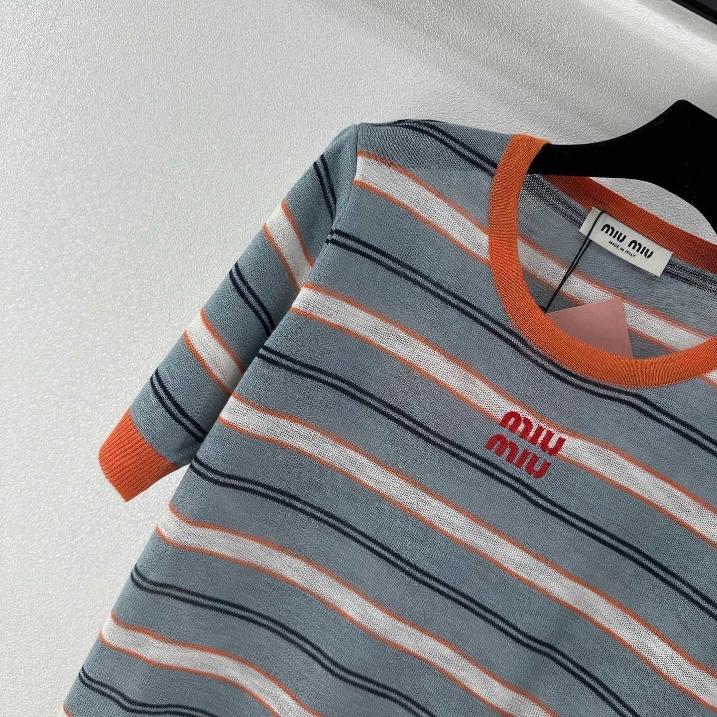 Miumiu 2026 Striped Knit Short-sleeved Top Blue-Grey mix Orange Cotton 395632