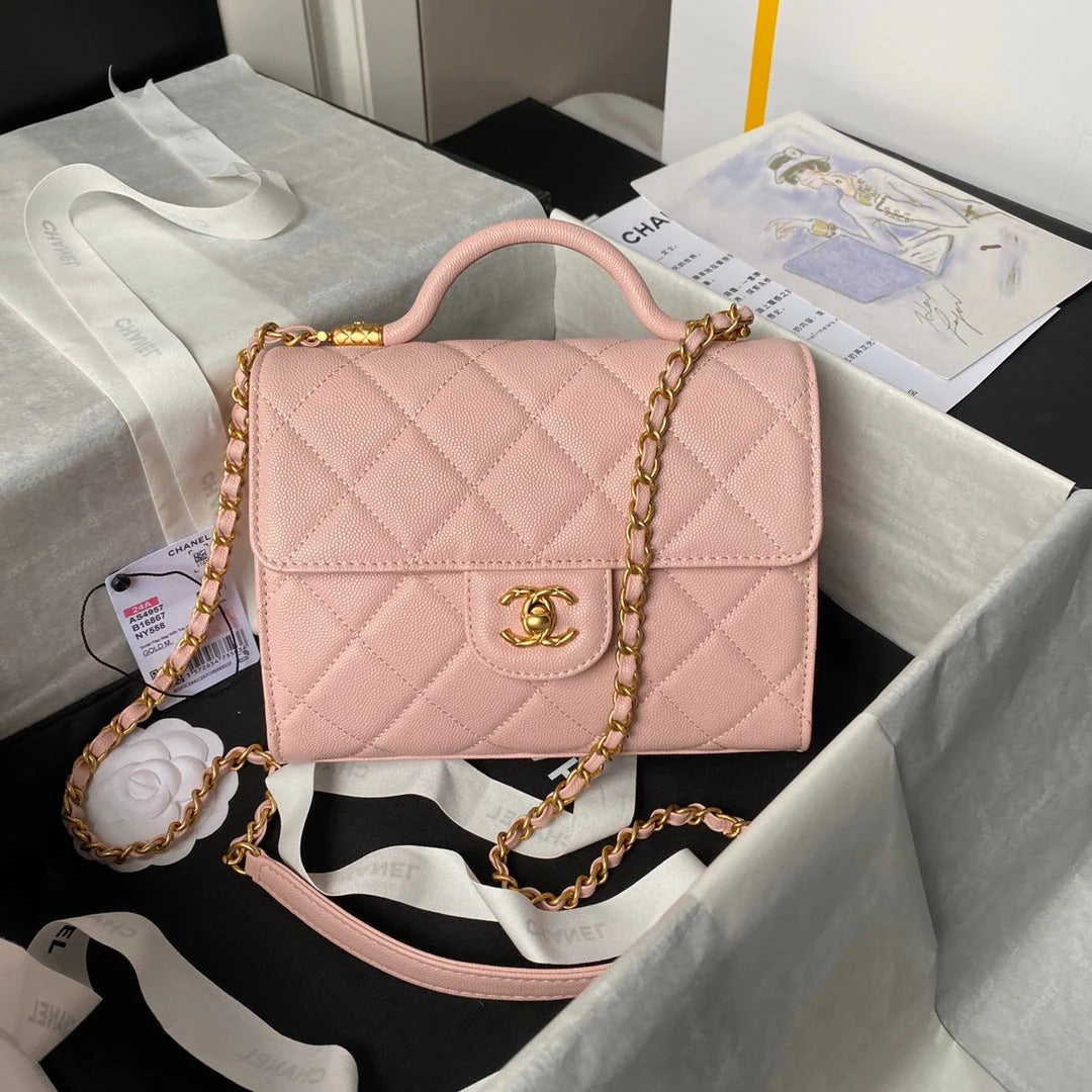 CC 25S FLAP BAG 21 CM IN LIGHT PINK GRAINED LAMBSKIN WITH TOP HANDLE