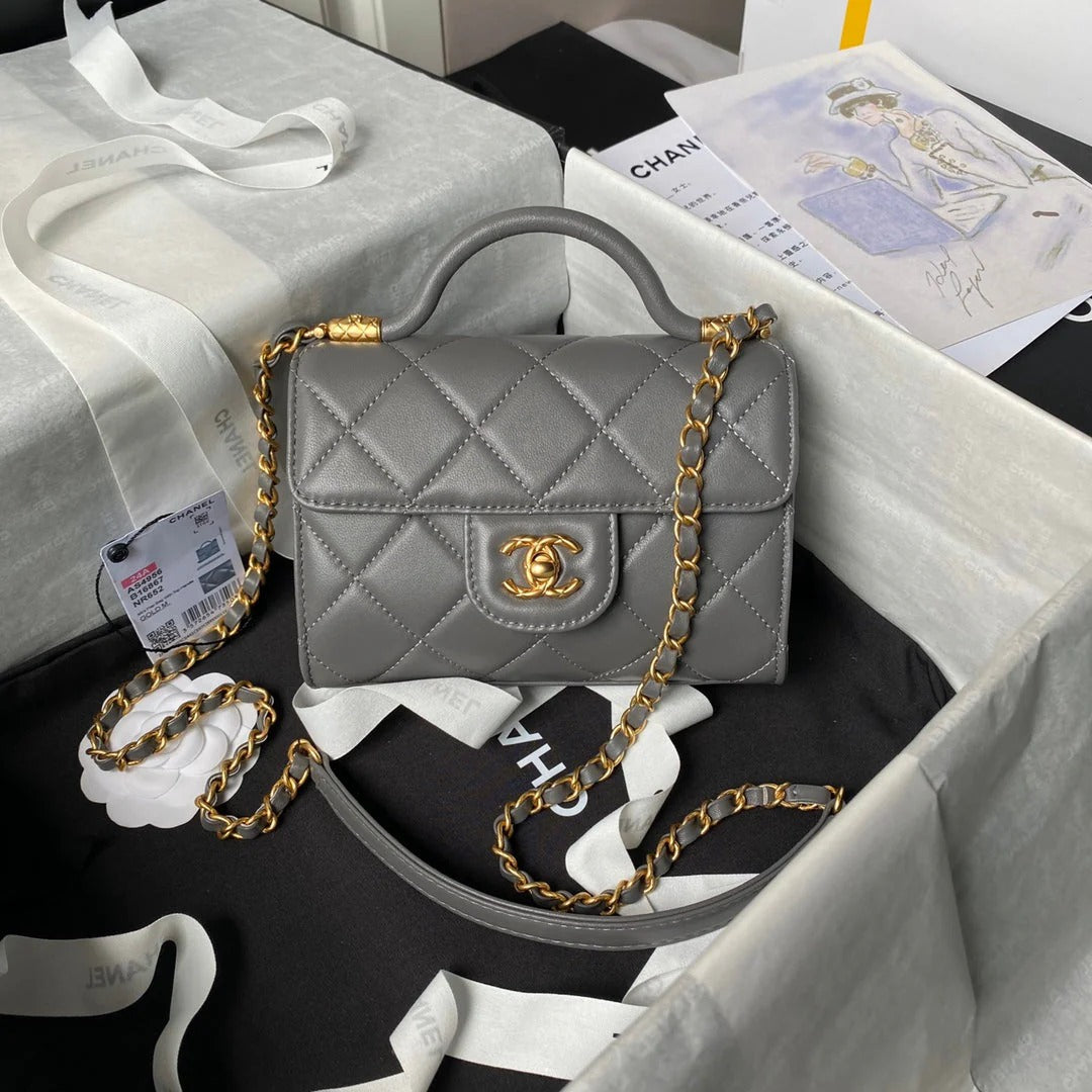 CC 25S FLAP BAG 18 CM IN DARK GREY LAMBSKIN WITH TOP HANDLE
