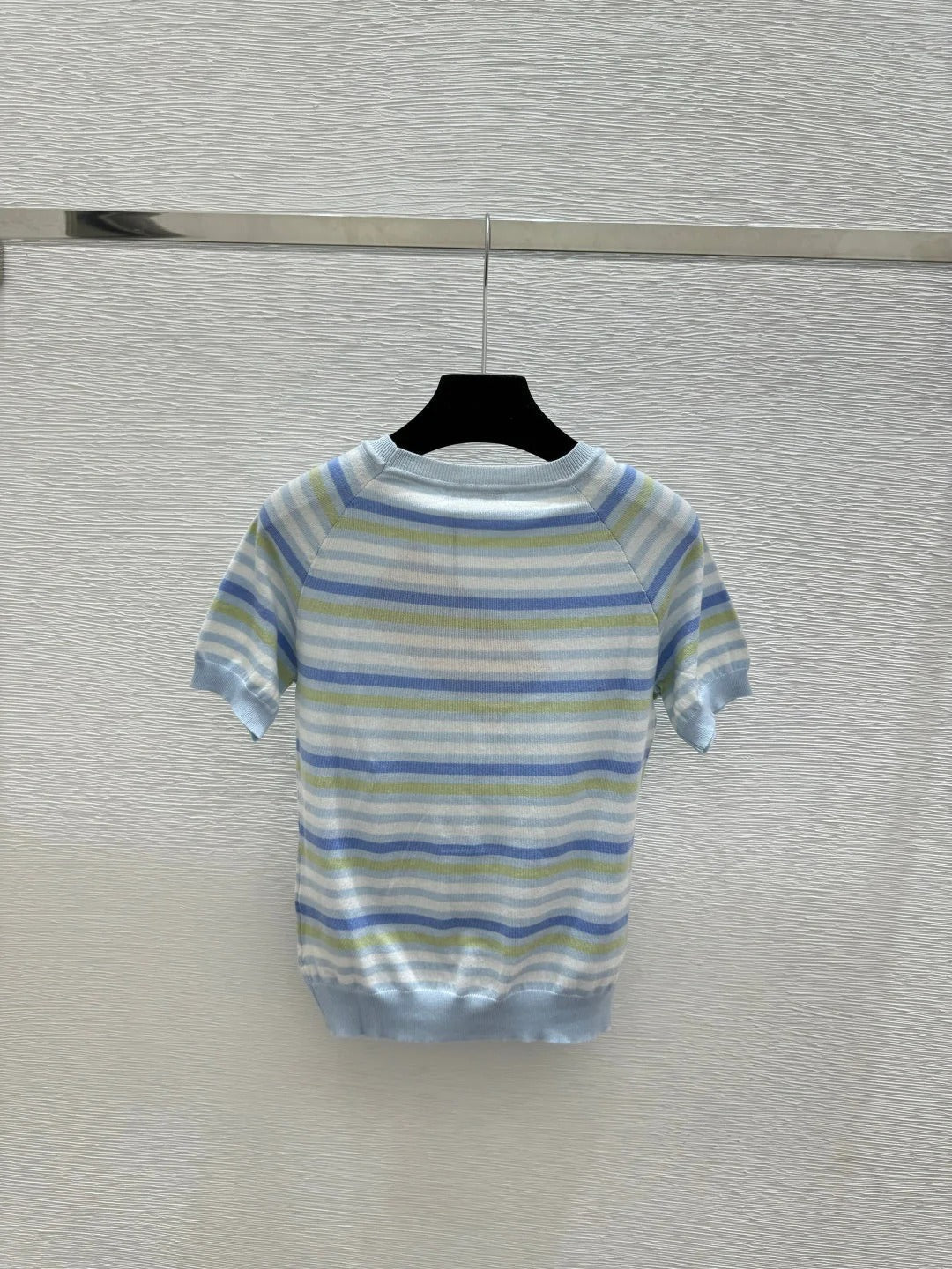 Miumiu 2026 Striped Crew Neck Knit Short-Sleeve T-Shirt Pink Blue Wool 397726