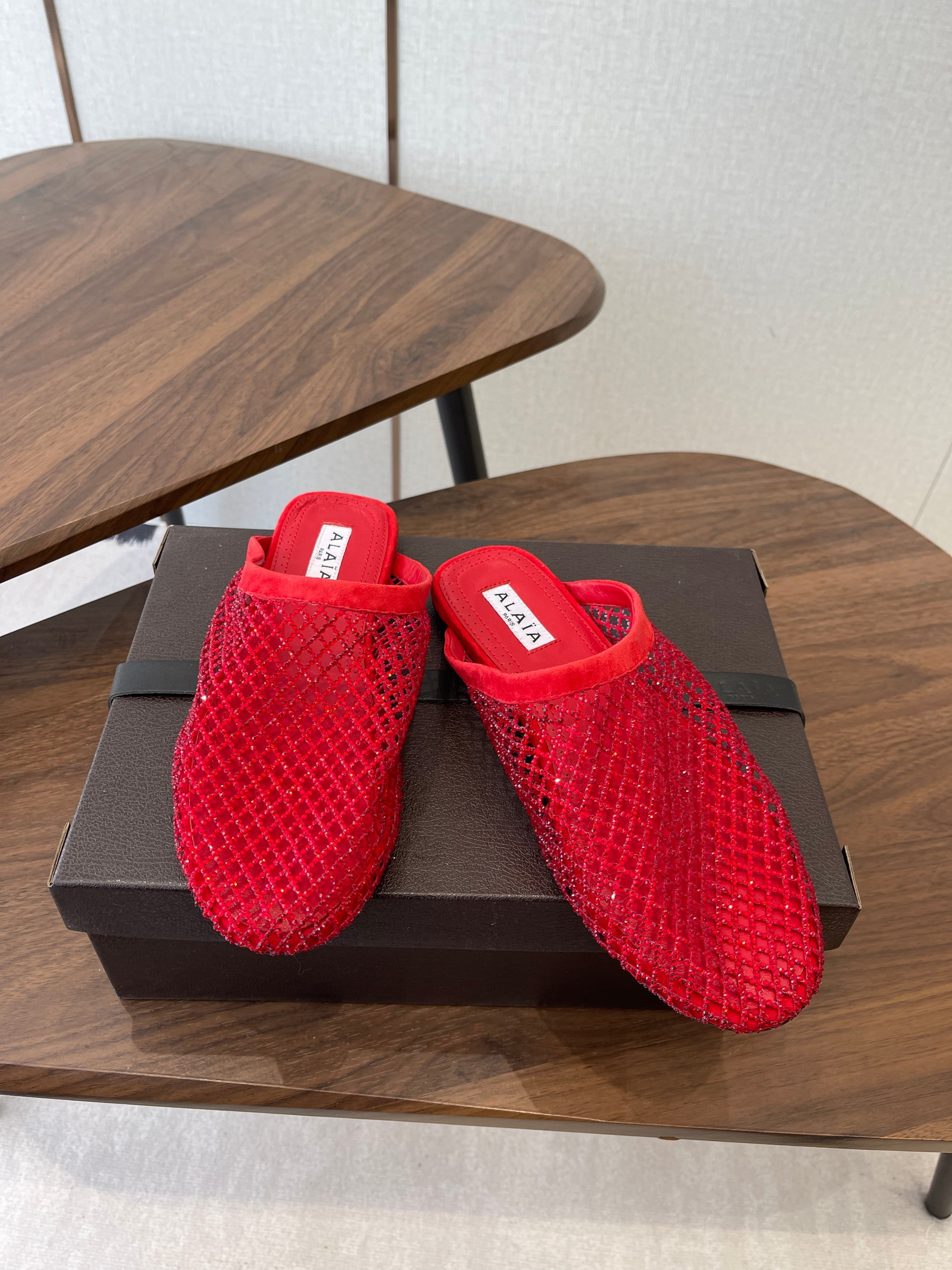 Alaia 26 Half-Slippers Red Mesh Rhinestones 624899