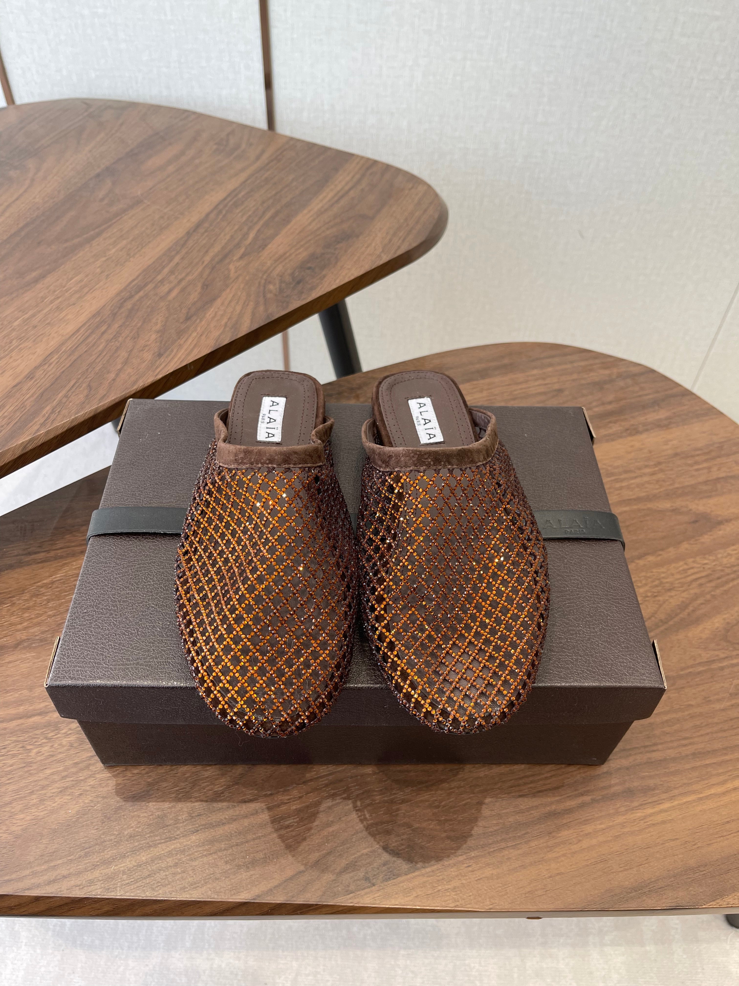 Alaia 26 Half-Slippers Brown Mesh Rhinestones 624903