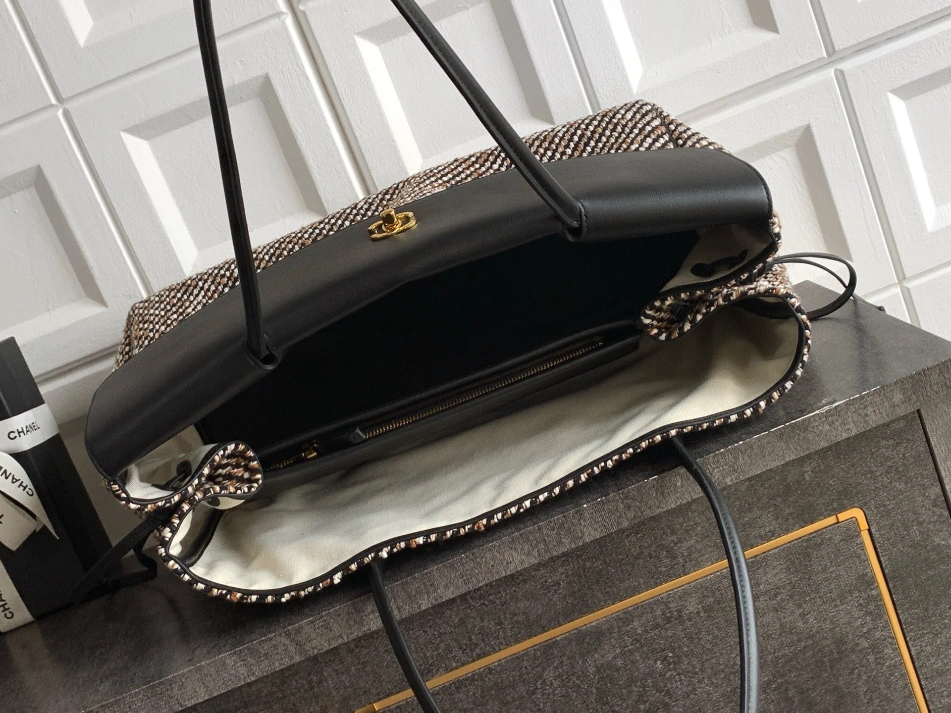 Chanel 2026 Large Shopping Bag 43cm Black Tweed Calfskin 363309