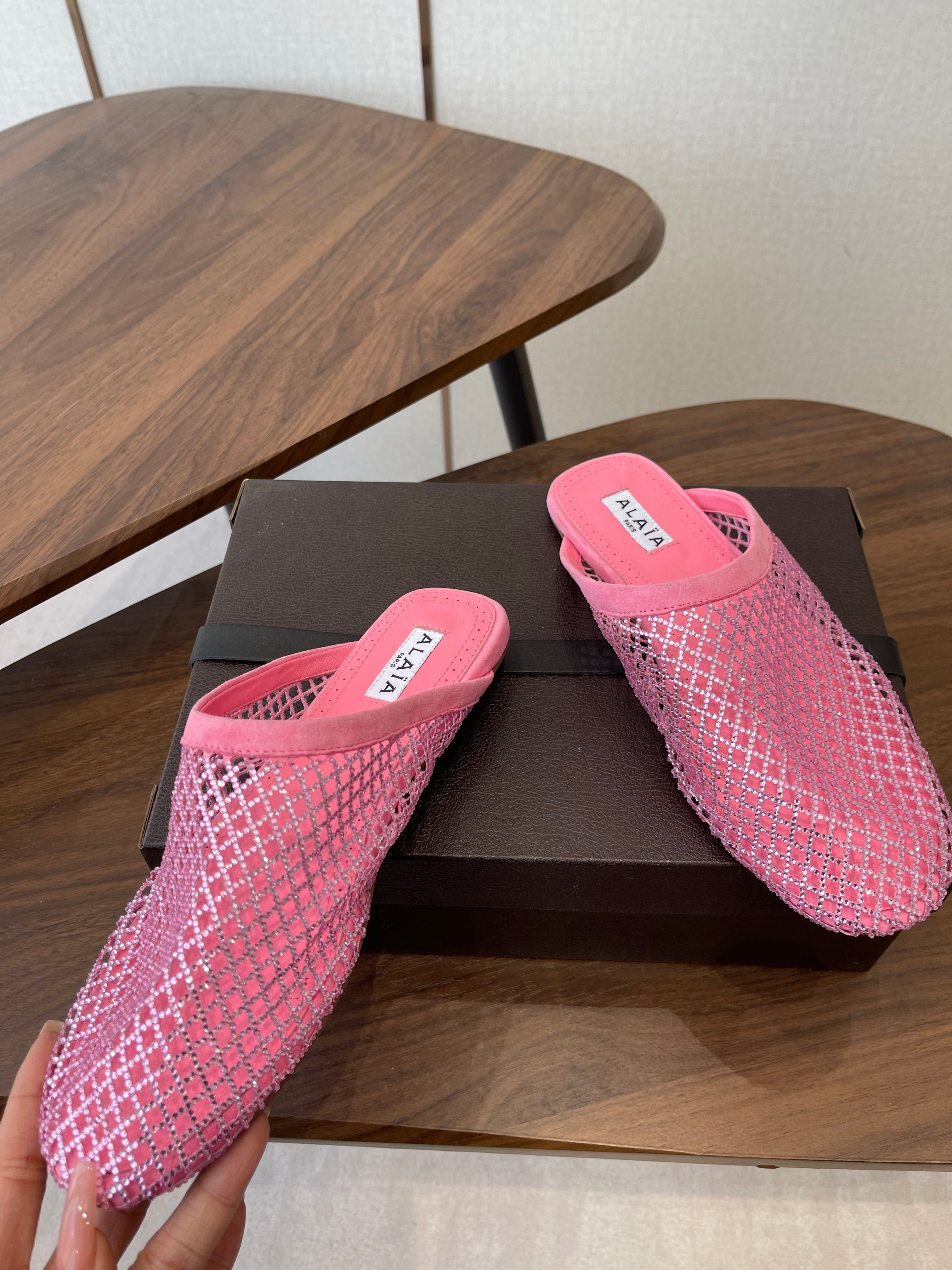 Alaia 26 Half-Slippers Pink Mesh Rhinestones 624902