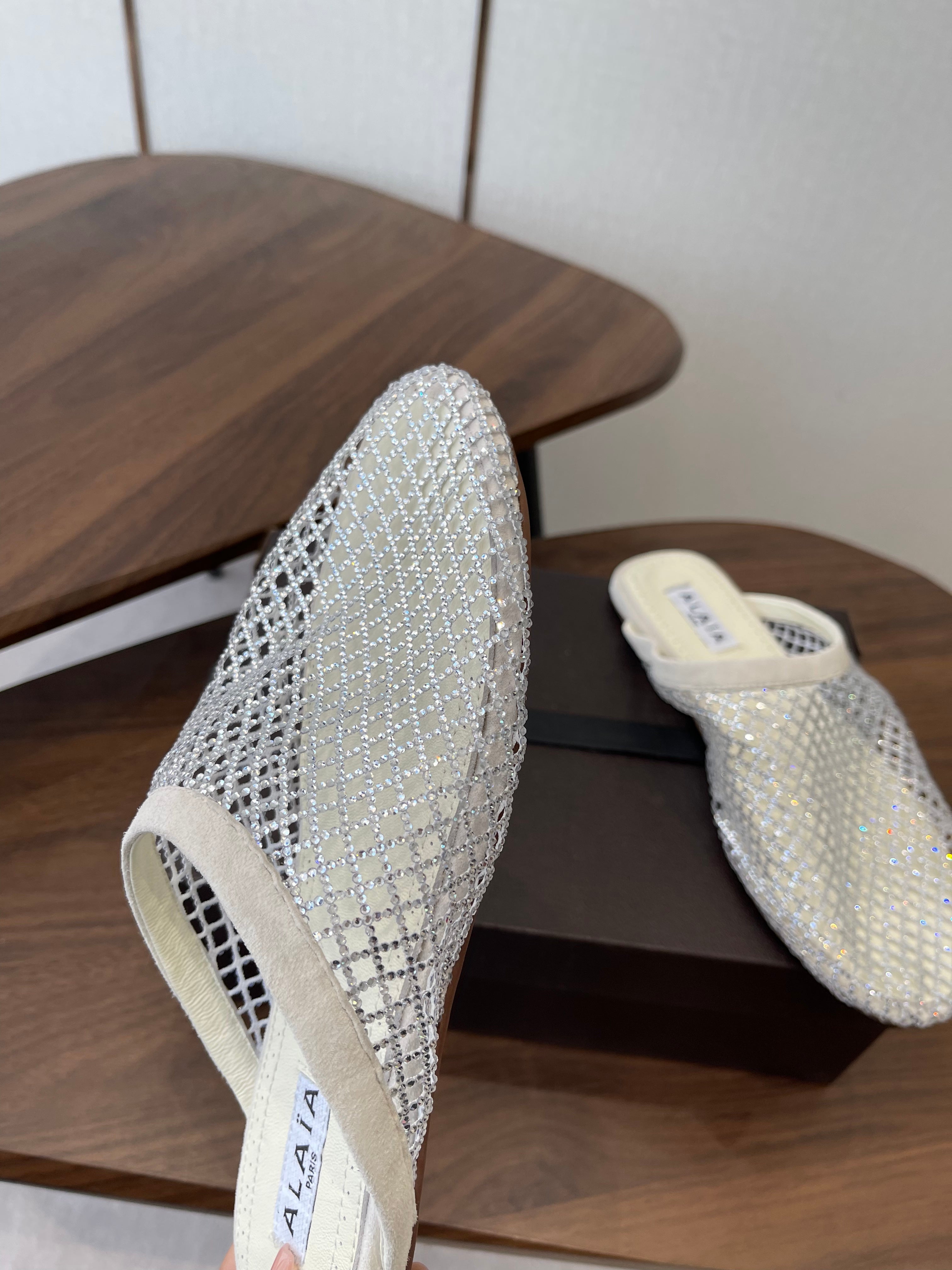 Alaia 26 Half-Slippers Ivory Mesh Rhinestones 624904