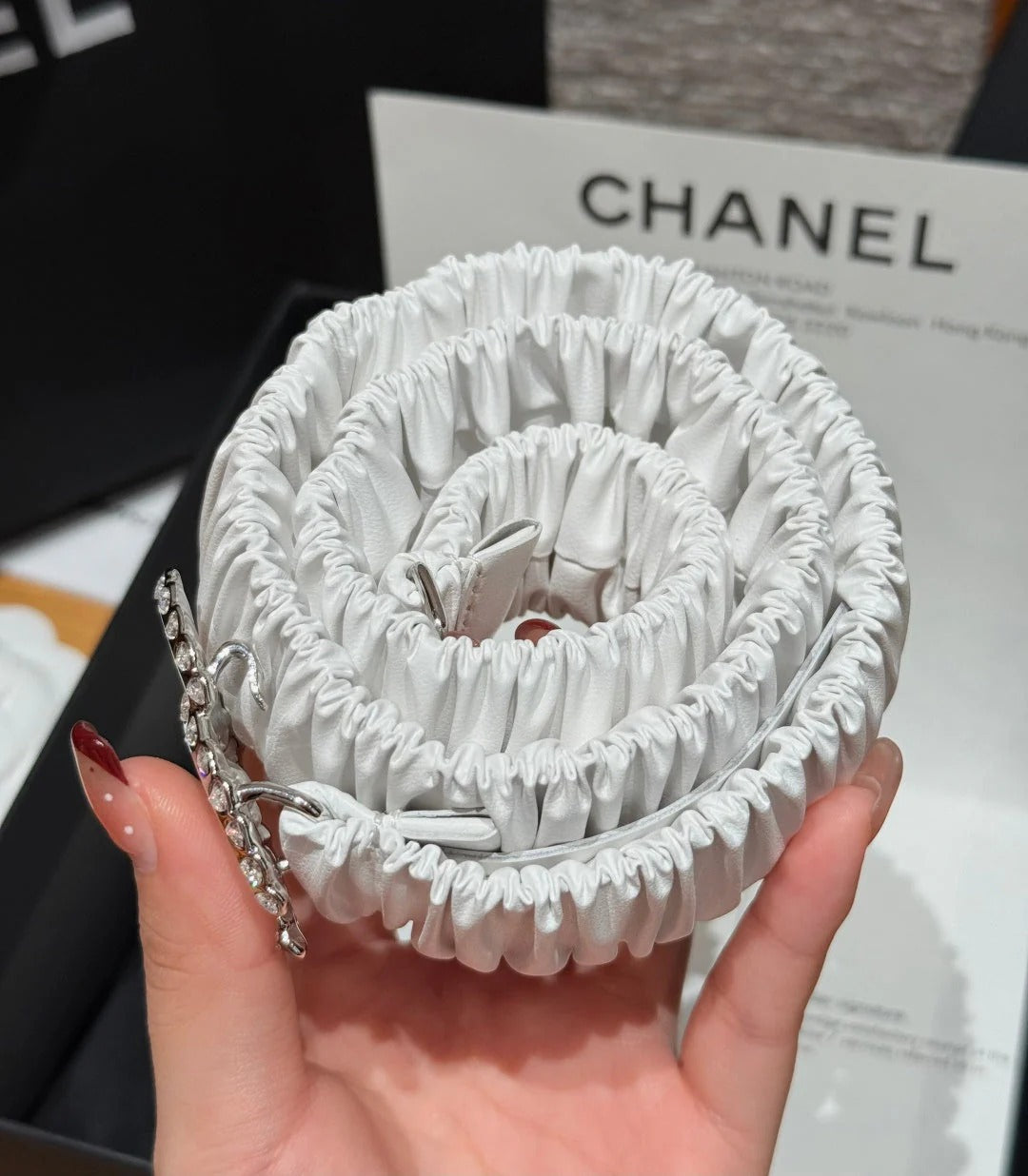 CC Elastic Waist Belt 3.0CM White Leather Sliver Diamond Buckle 195946