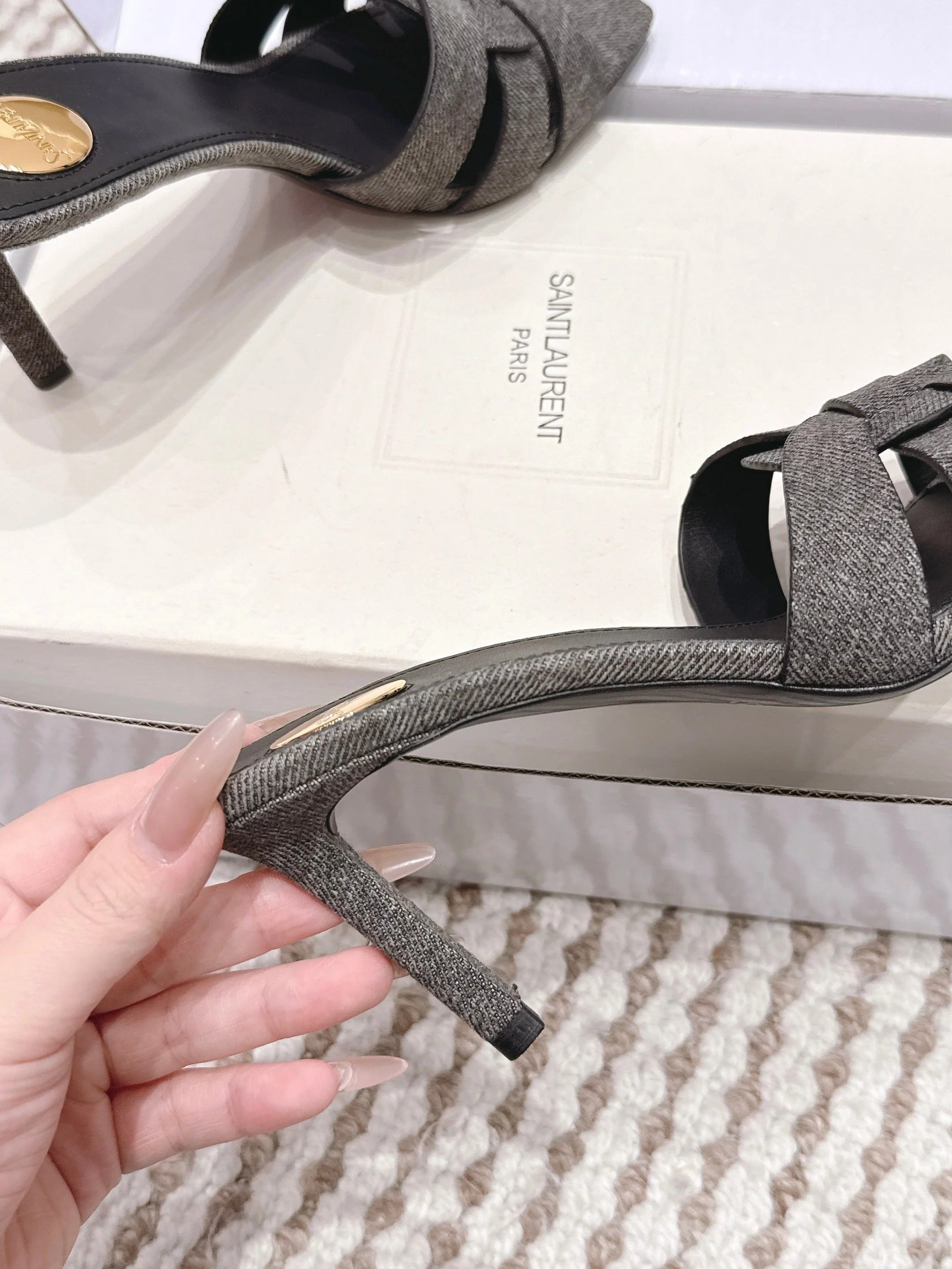 YSL 26ss High-Heeled Slippers 75 Dark Gray Canvas Calfskin 654748