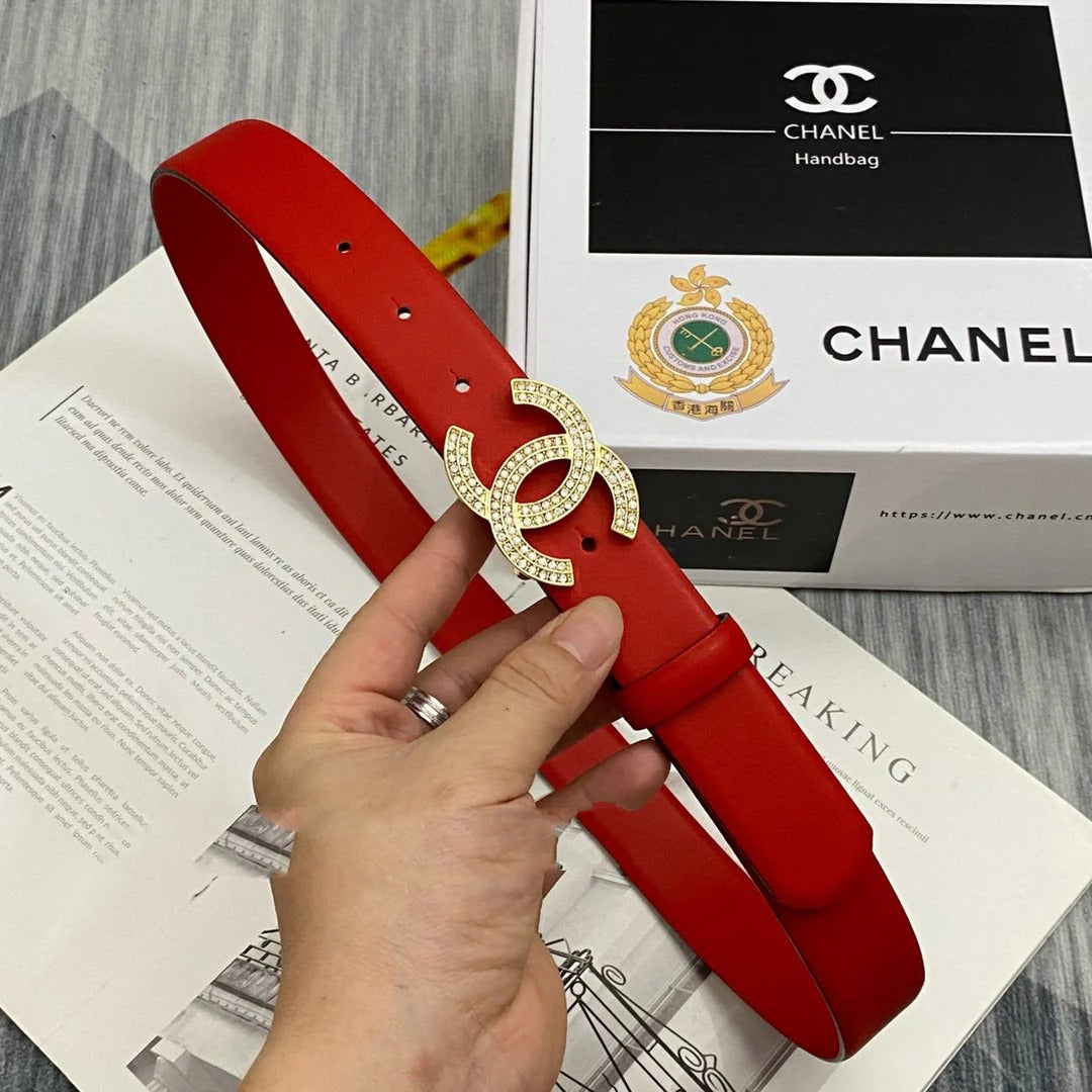 CC Women's Belt 3.0CM Red Cowhide Gold Buckle 586517