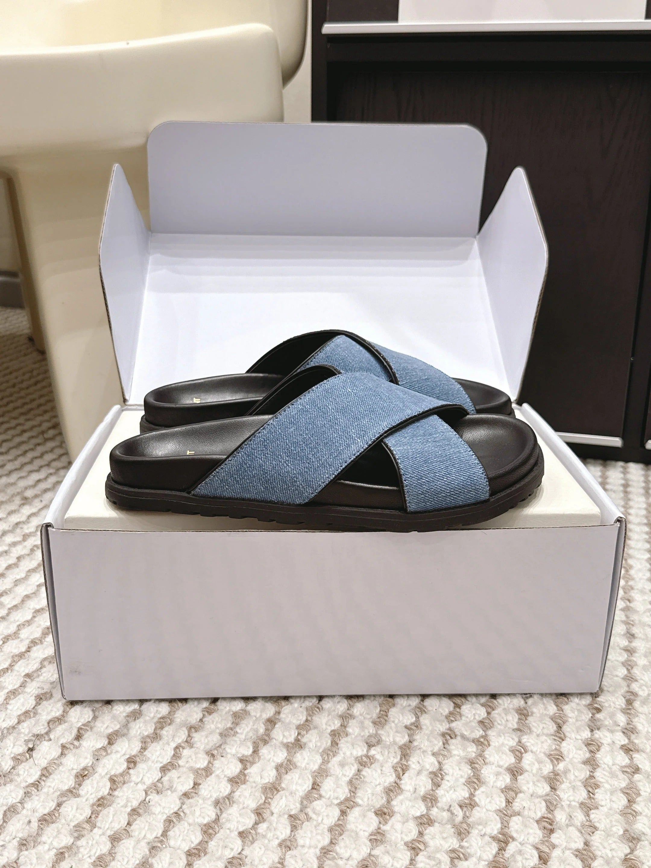 YSL 26ss Platform Slippers Black Blue Denim Leather 663217
