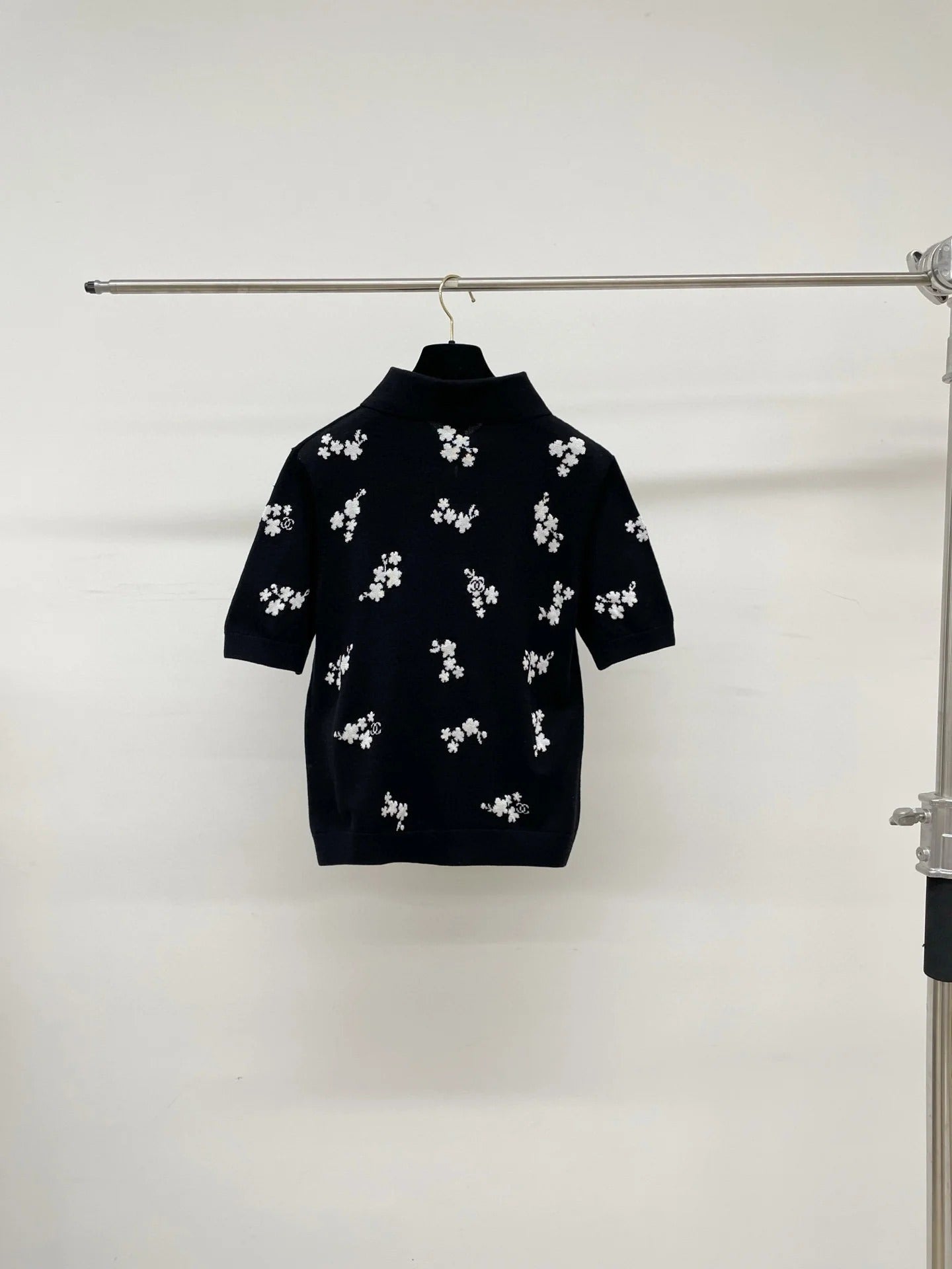 Chanel 2026 Floral Print Polo Shirt Black and White Cotton
