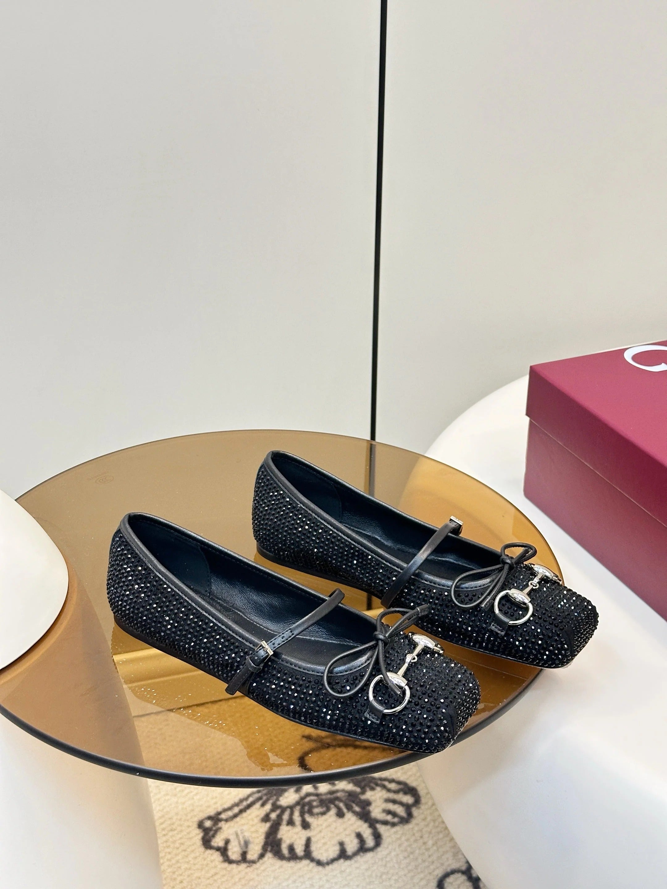 GG 26SS Ballet Flats Rhinestone Burgundy Sheepskin 645703