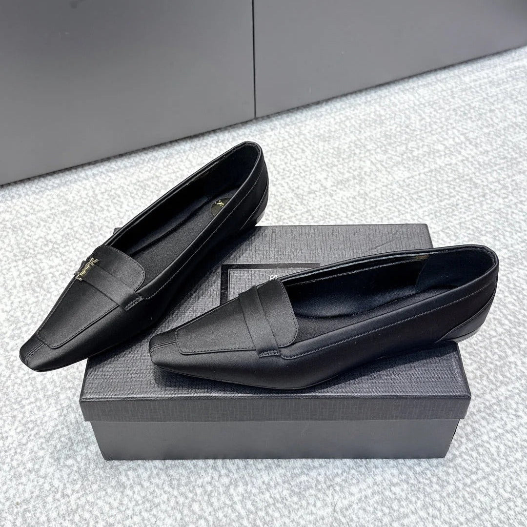 YSL 26ss Square Toe Loafers Taupe Satin Leather