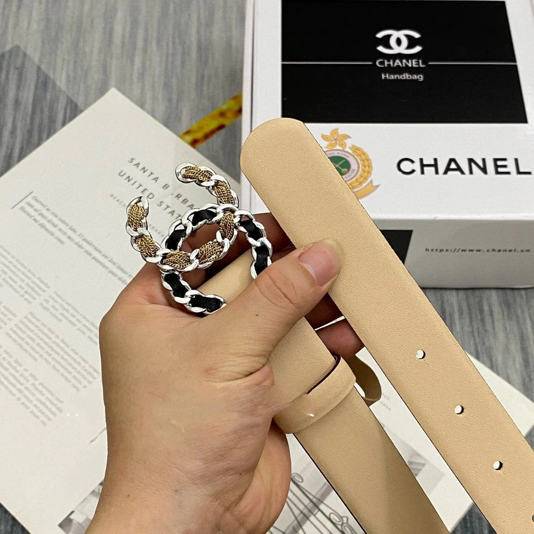 CC Women's Belt 3.0CM Beige Cowhide Gold Sliver Black Buckle 586518