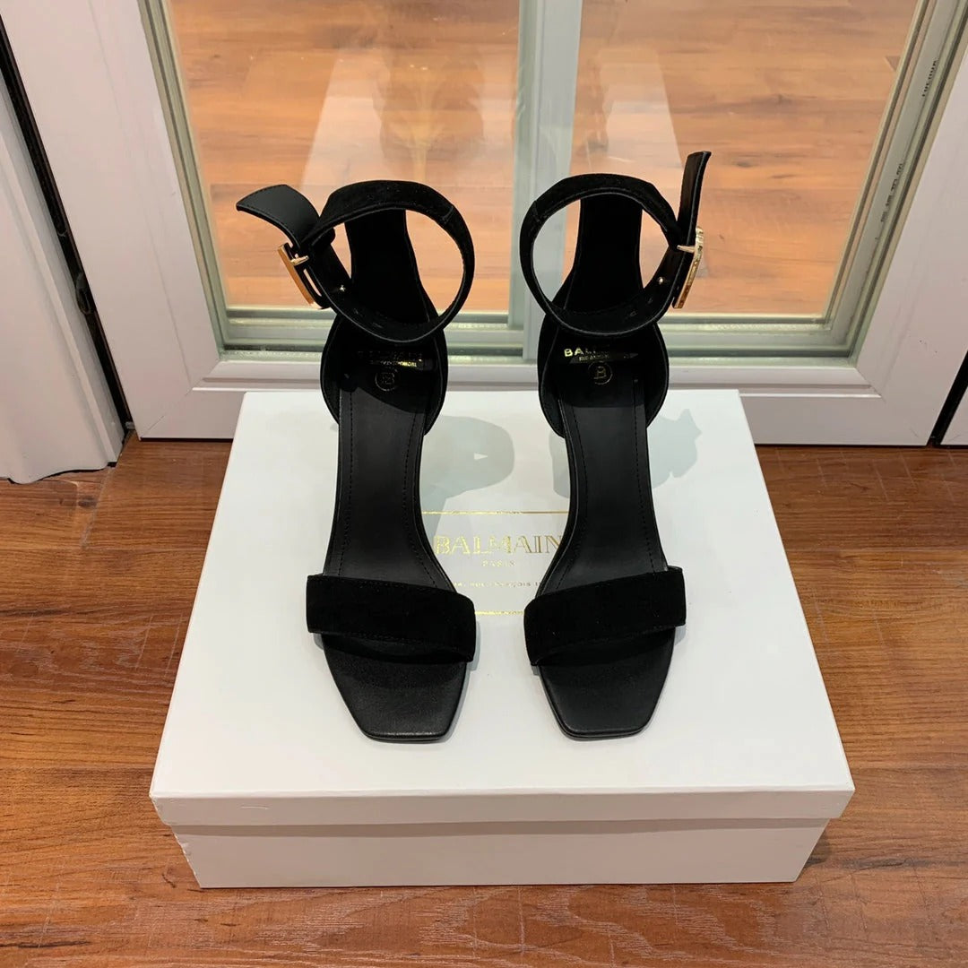 BALMAIN 25S THIN STRAP HIGH HEELS 105MM IN BLACK SUEDE GOLD HARDWARE