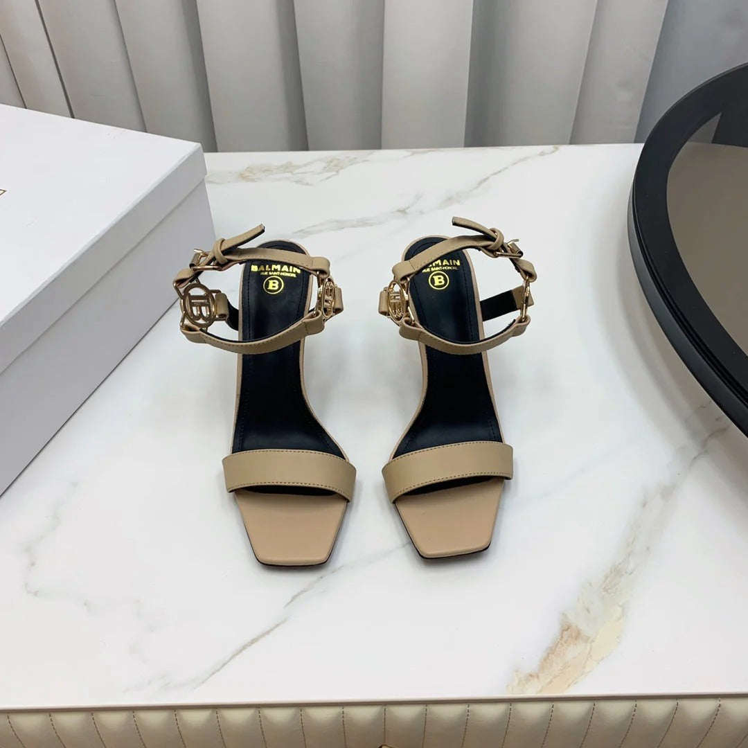 BALMAIN 25S HIGH HEELS WITH B METAL DETAIL 95MM IN LIGHT BROWN CALFSKIN