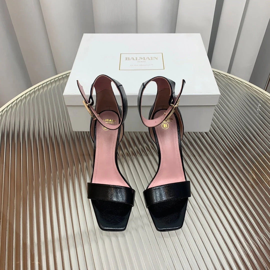 BALMAIN 25S B STRAP HIGH HEEL SANDALS 95MM IN BLACK GLOSSY CALFSKIN